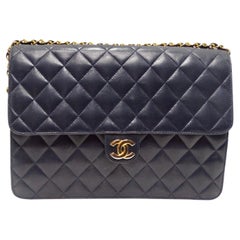 Chanel 1980s Single Flap Navy Leather Handbag