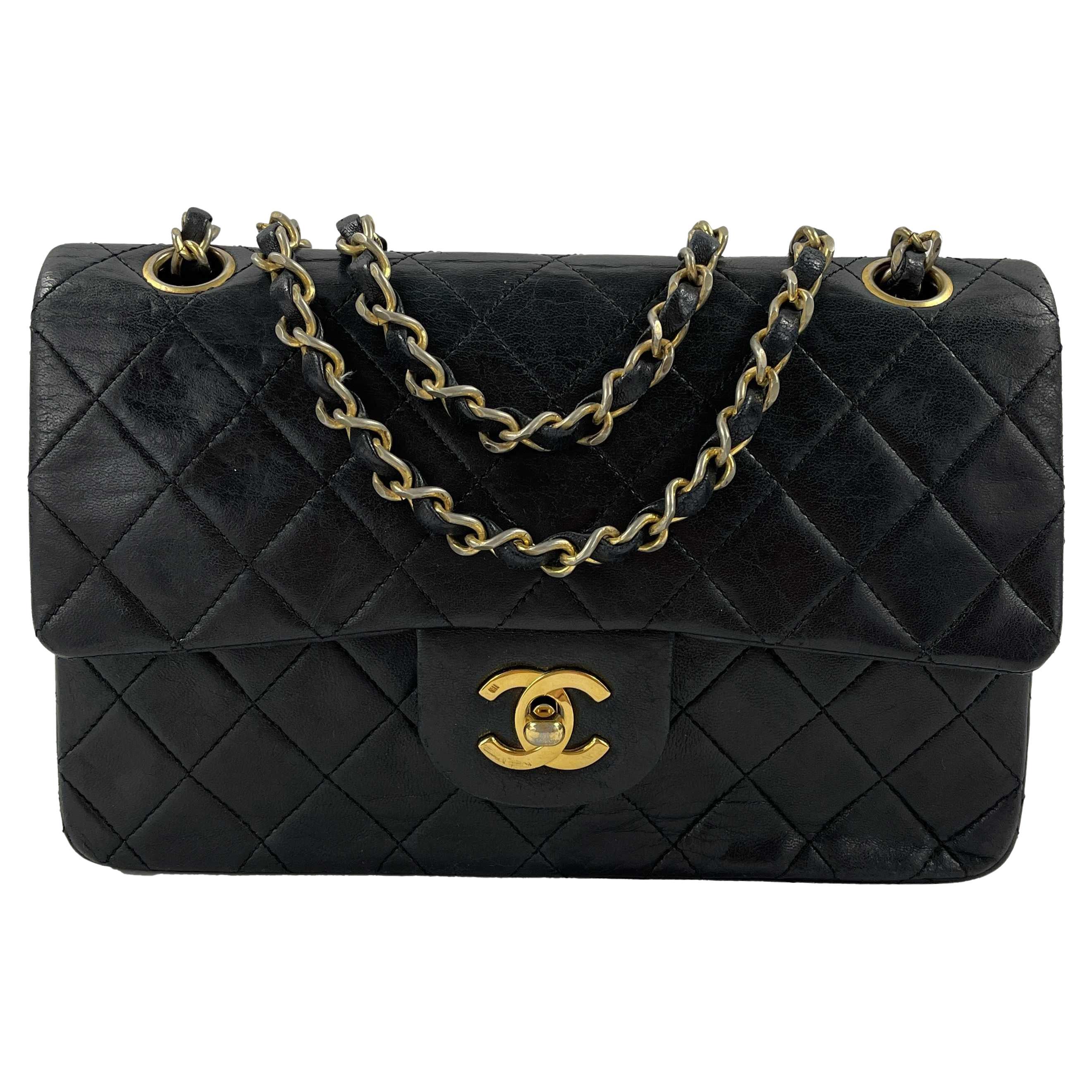 CHANEL 1980s Small Classic Black Quilted Leather Flap Shoulder Bag / Crossbody