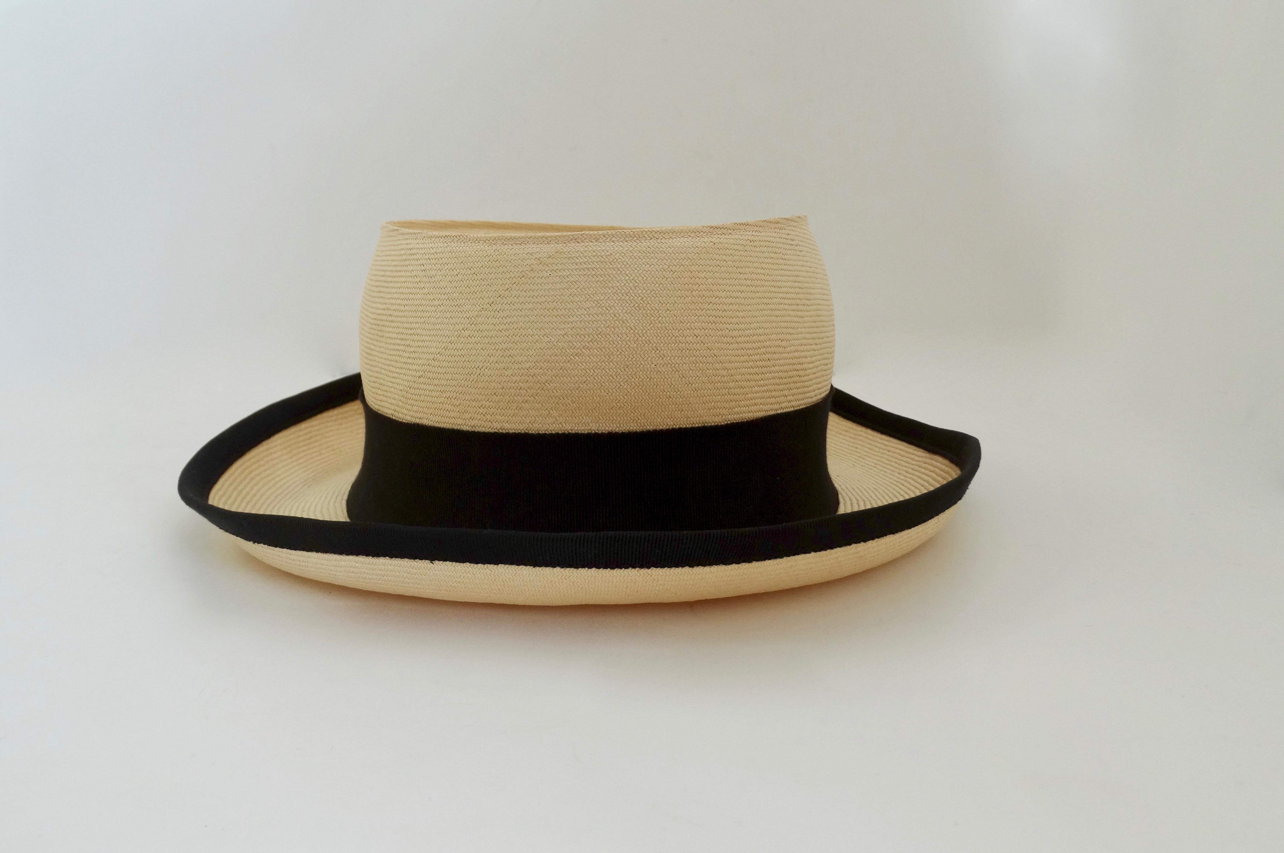 Beige Chanel 1980s Straw Boater Hat