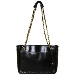 Chanel 1980s Vintage Black Lambskin Leather Tote Bag