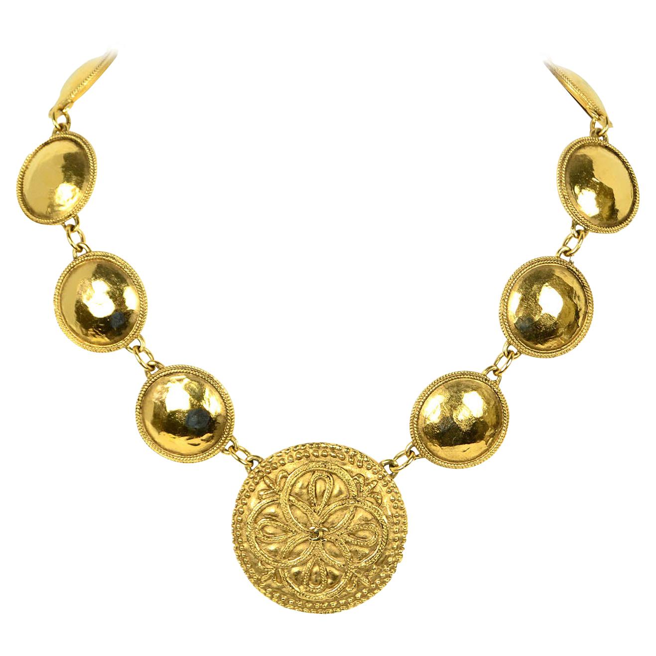 Chanel 1980s Vintage Goldtone Hammered Necklace w. CC Pendant