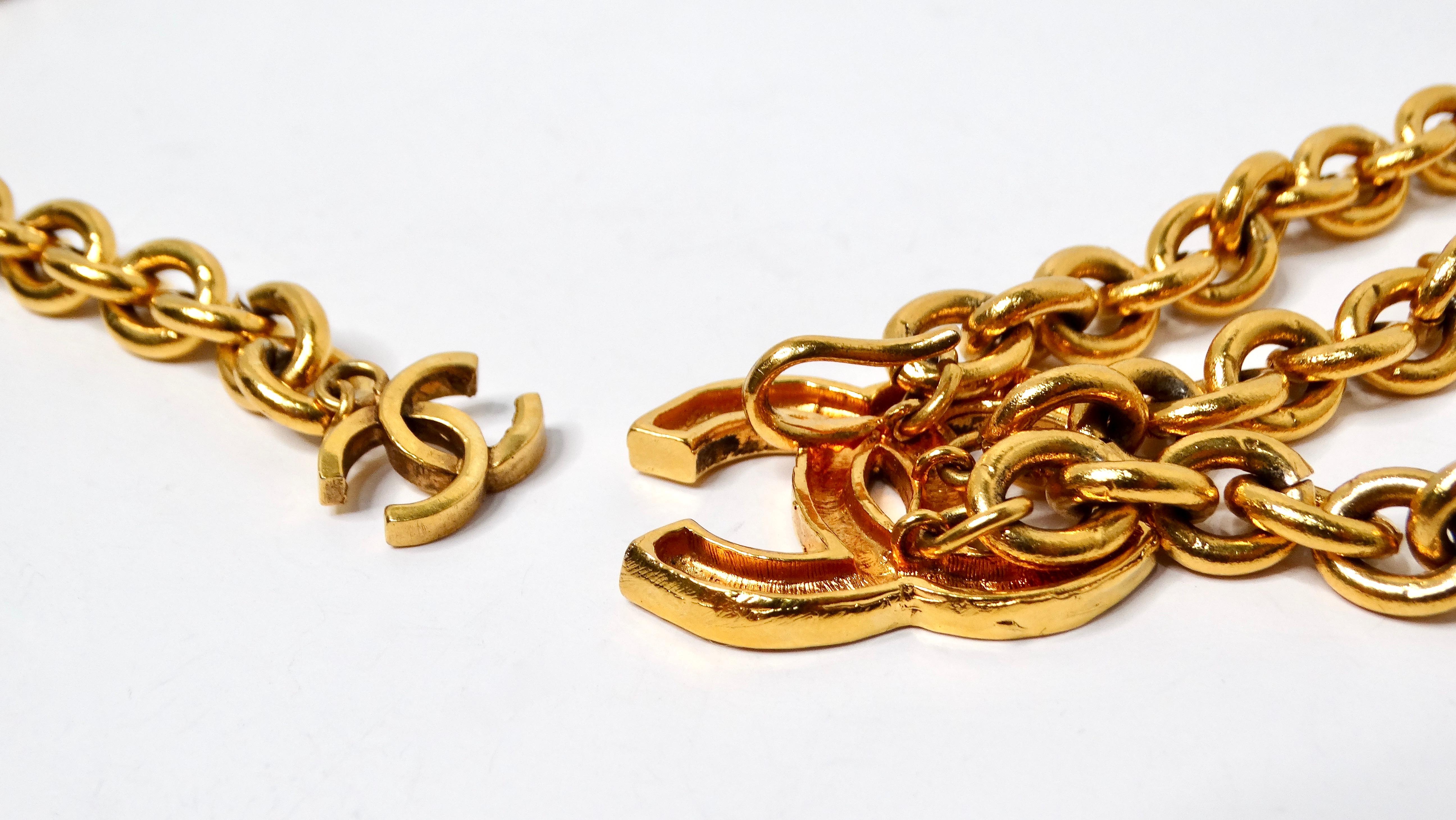 Beige Chanel 1980s Yellow Gold-Tone CC Logo Triple Chain Belt