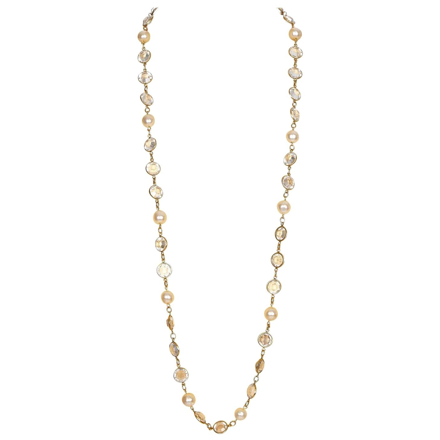 Chanel 1981 Gold Tone Crystal and Pearl Sautoir Necklace