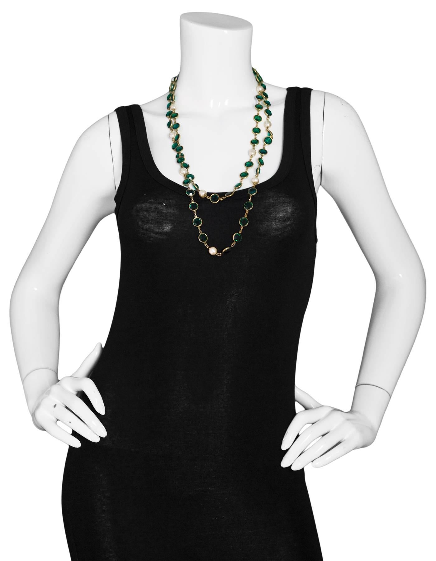 Chanel 1981 Green Crystal & Faux Pearl Sautoir Necklace with Box In Excellent Condition In New York, NY