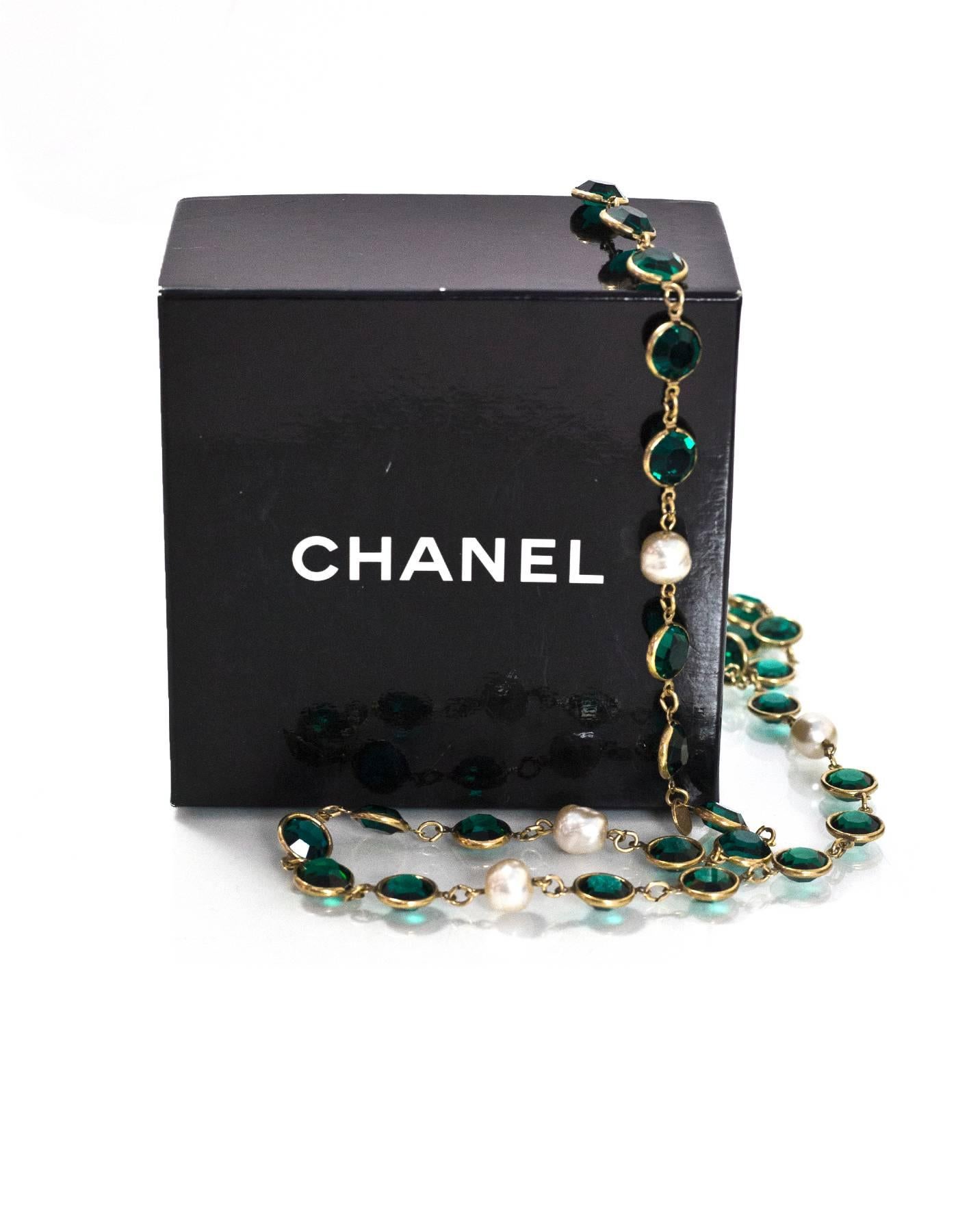 Chanel 1981 Green Crystal & Faux Pearl Sautoir Necklace with Box 2