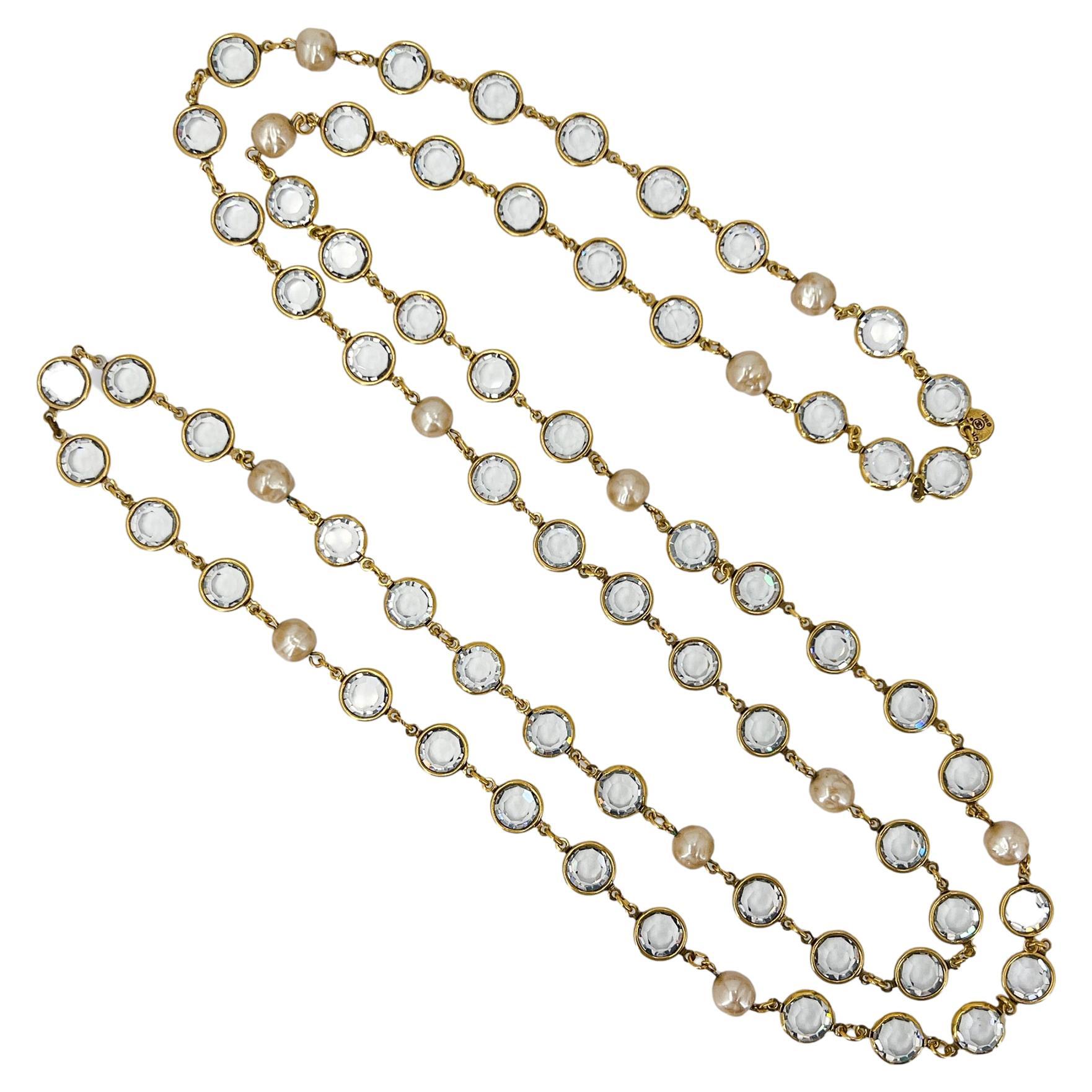 Collier Sautoir Vintage En Cristal Et Métal Argenté - Longueur 264cm - Bijou Ancien