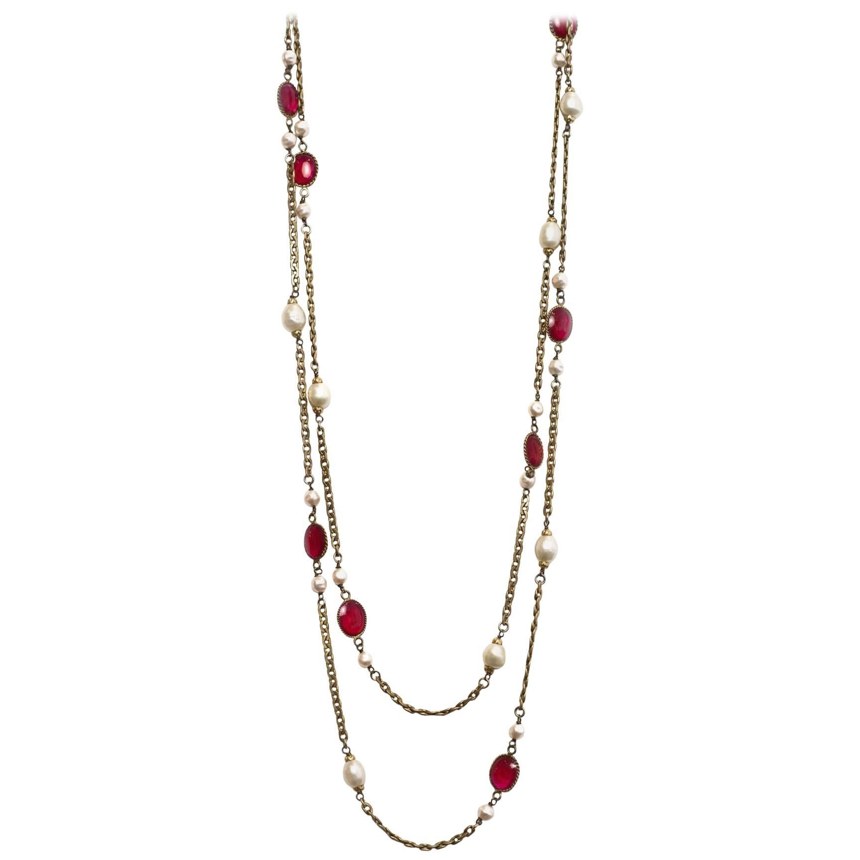 Chanel 1983 Vintage Red Gripoix 
Faux Pearl Chain Extra Long Necklace