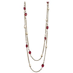 Chanel 1983 Vintage Red Gripoix 
Faux Pearl Chain Extra Long Necklace