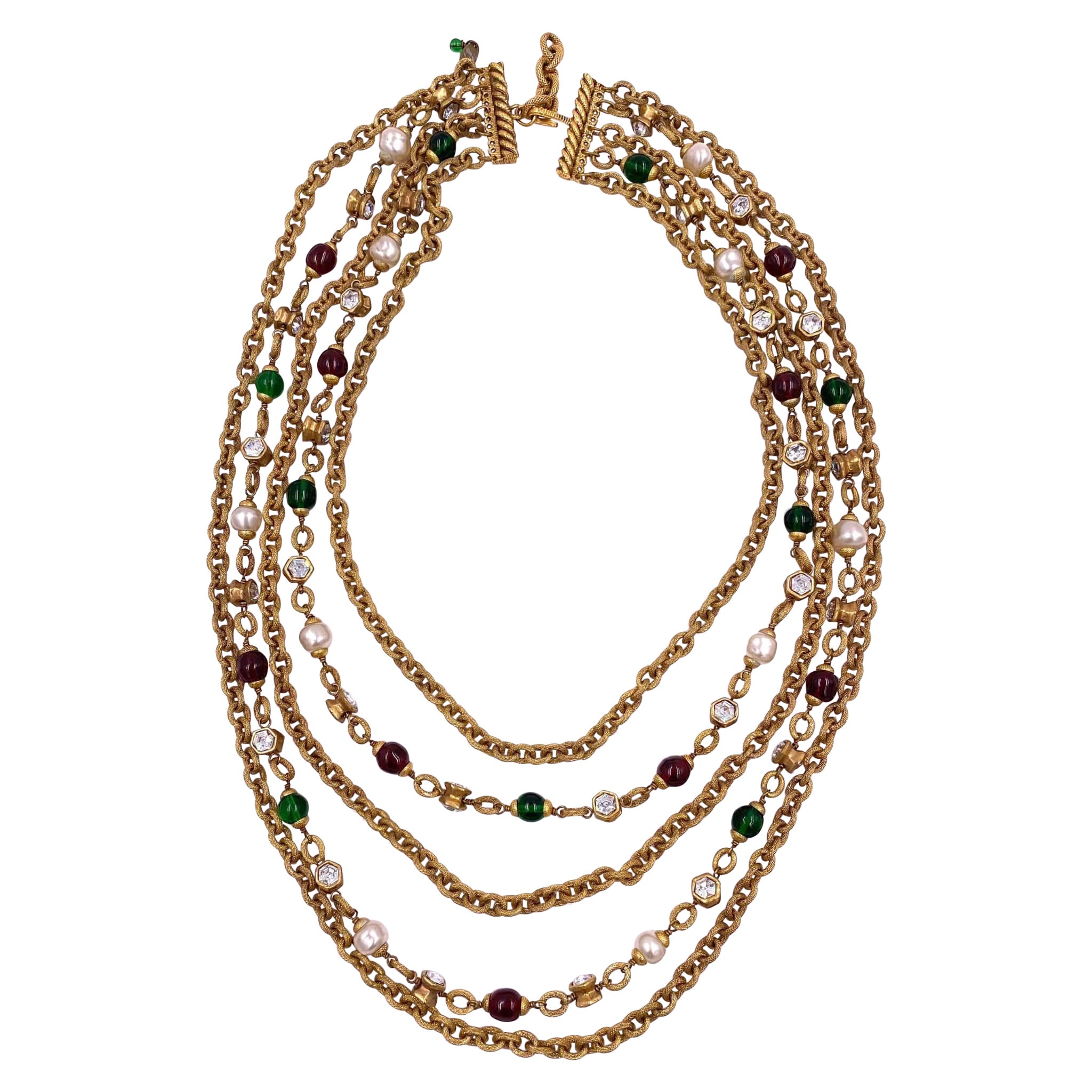 Chanel Collier multi-chaînes avec pierres violettes et vertes Gripoix, 1984