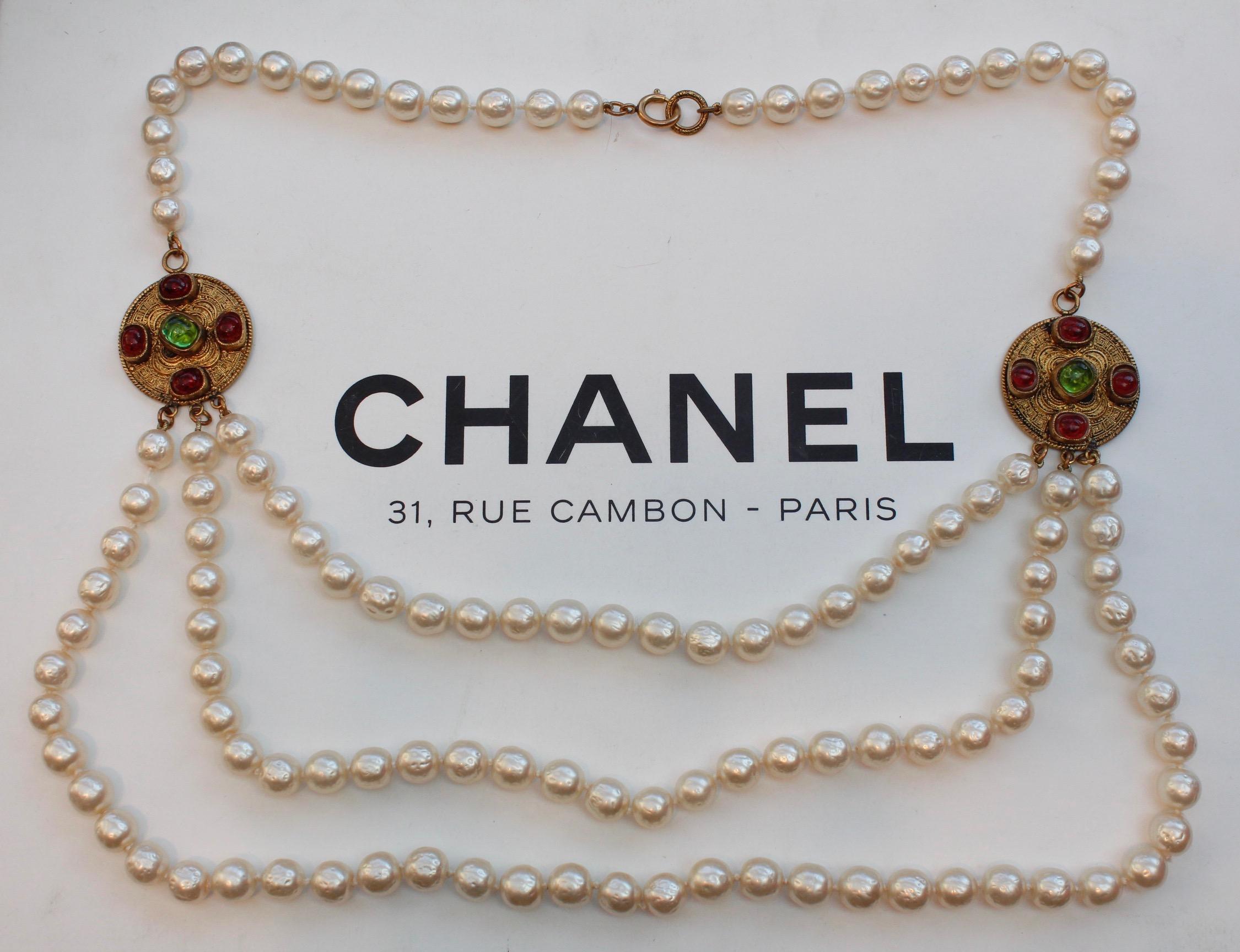 CHANEL 1984 Multi row beaded necklace with gilted metal Byzantine medallions 1