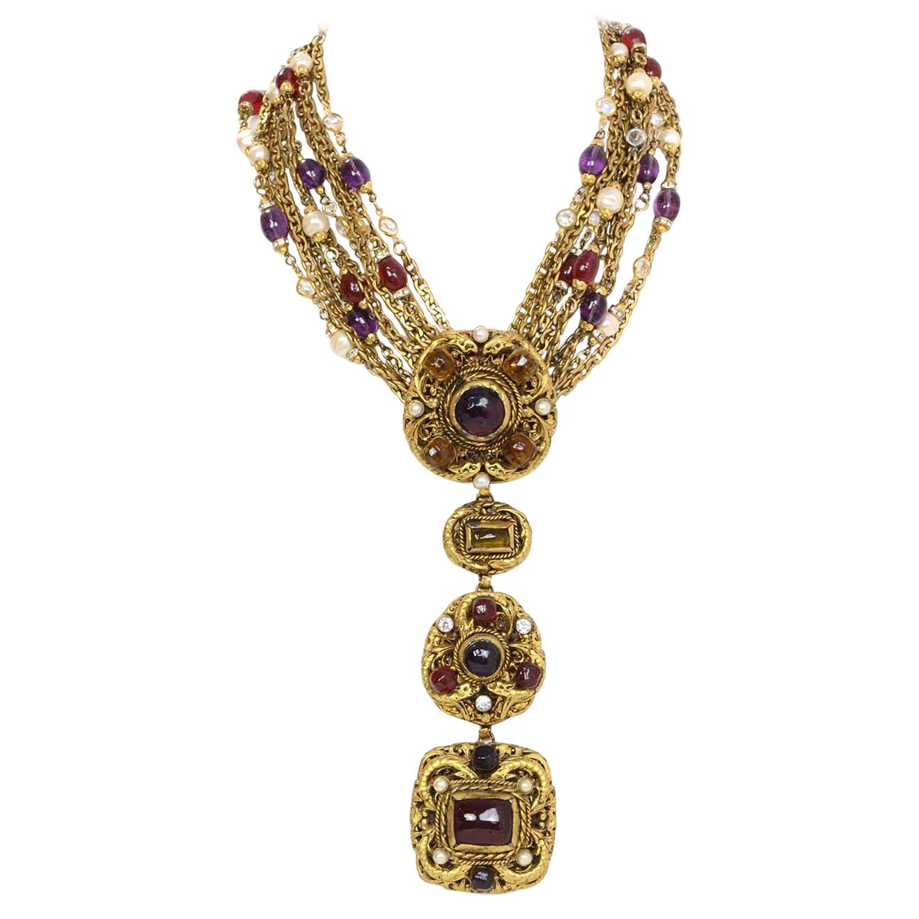 Chanel 1984 Vintage Gold Multi-Strand Gripoix and Pearl Long ...