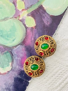 Chanel 1985 Gripoix Iconic Gold Ruby Emerald Red Green Cabochon Domed Earrings