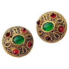 Chanel 1985 Gripoix Iconic Gold Ruby Emerald Red Green Cabochon Domed Earrings