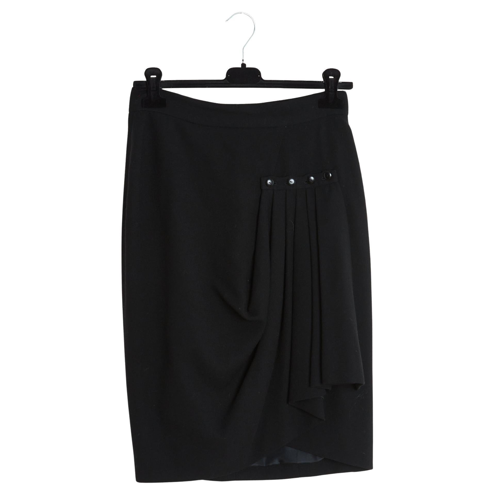 Chanel 1985s Jupe Drapé Noir FR38 Haute Couture Black Wool Crepe Fold UK10 US8