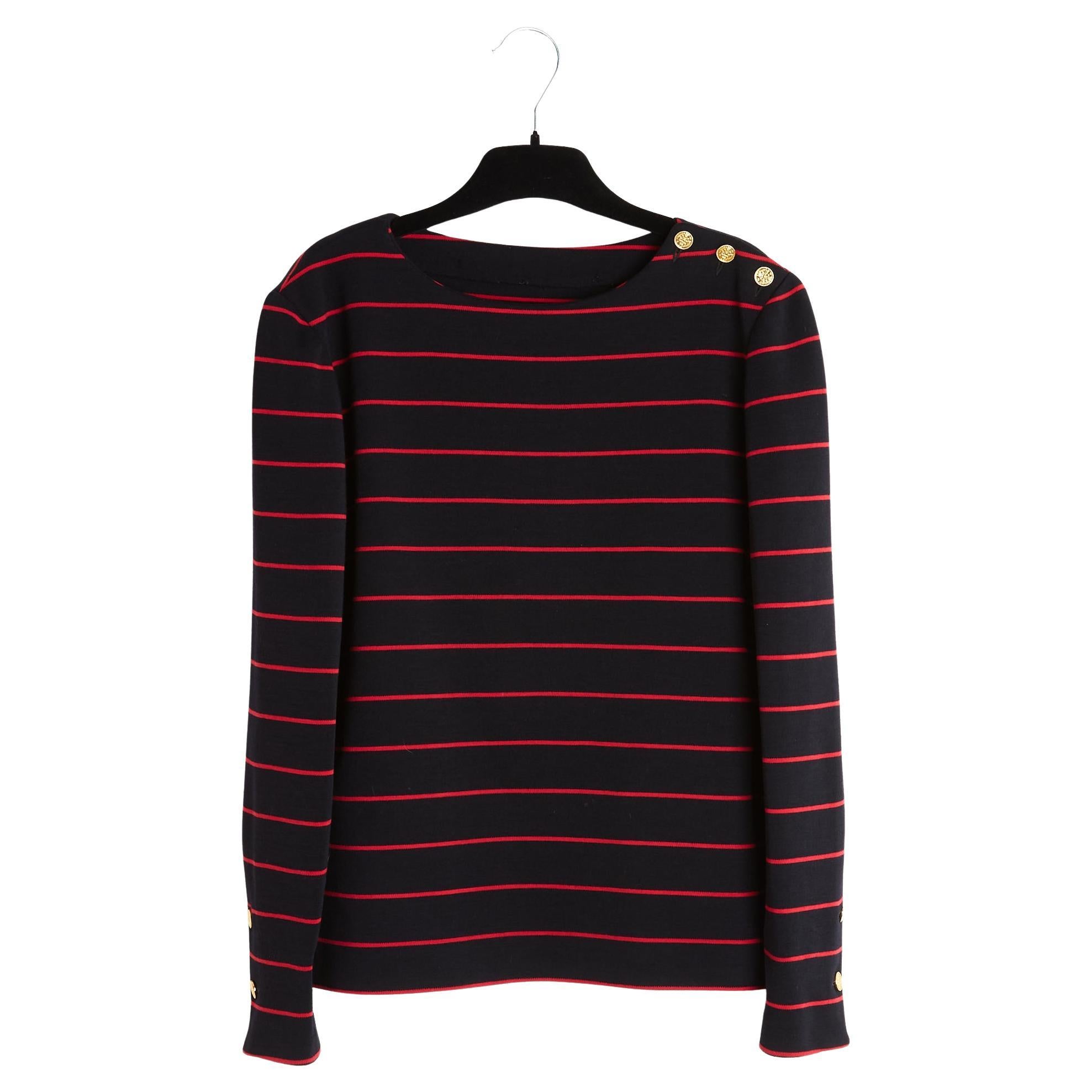 Chanel 1985s Pull Mariniere FR38 Black Red Striped Sailor Sweater UK10 US8 For Sale