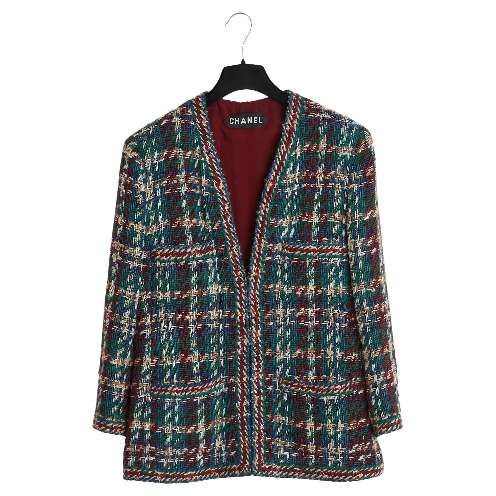 Chanel 1985s Veste Tailleur FR42 Haute Couture Green Tweed Ensemble UK14 US12