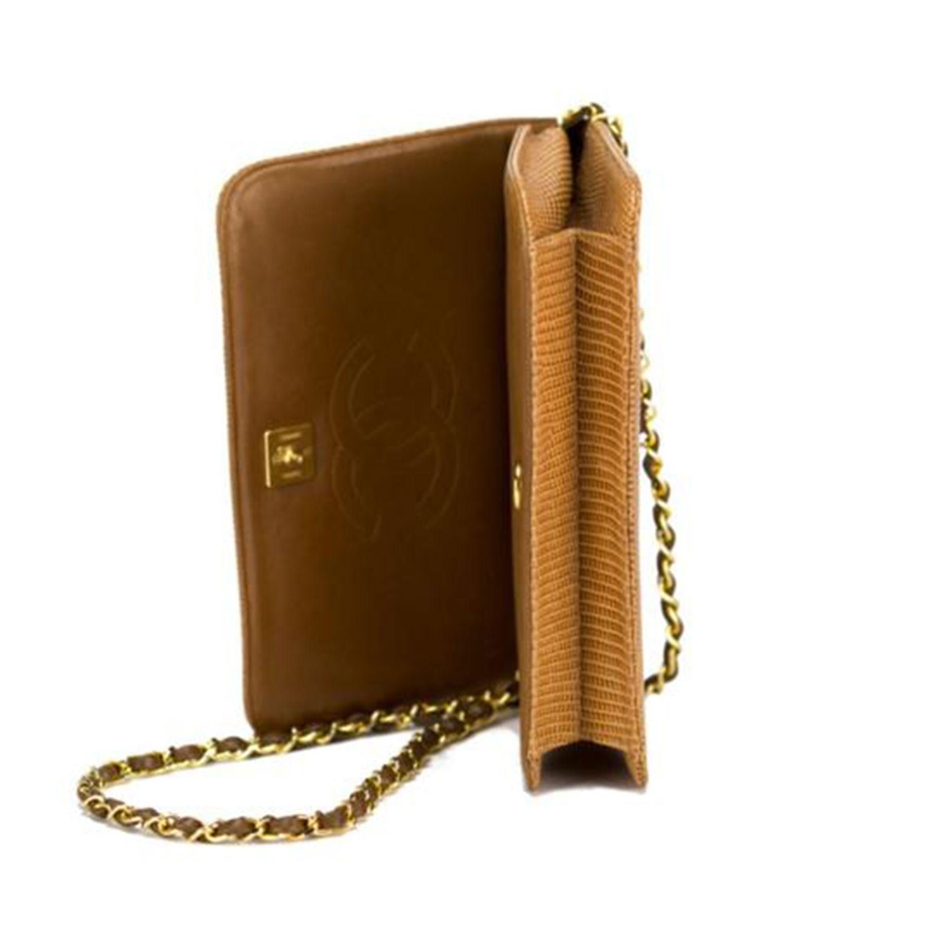Chanel 1986 WOC Classic Flap and Clutch Camel Beige Faux Lizard Skin Bag For Sale 5