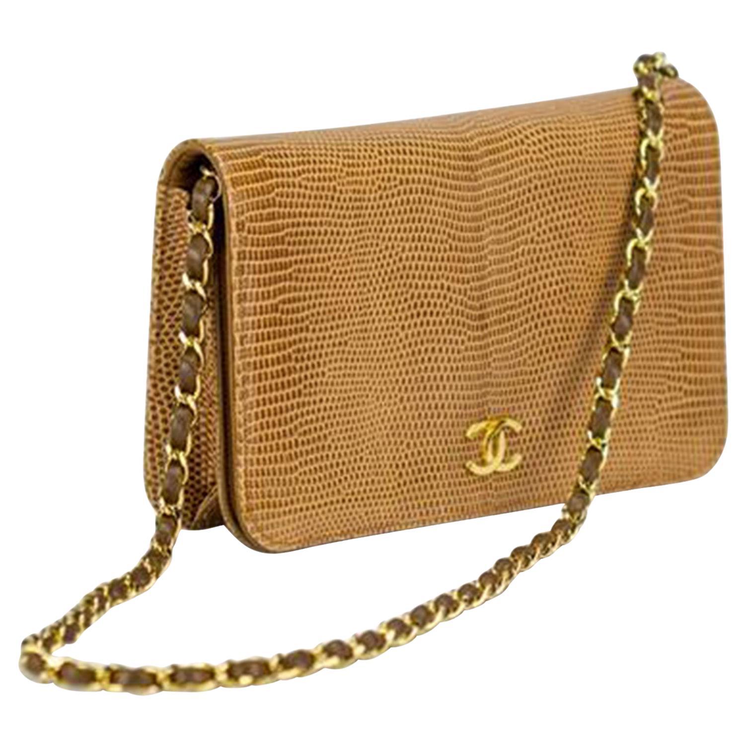 Women's or Men's Chanel 1986 WOC Classic Flap and Clutch Camel Beige Faux Lizard Skin Bag For Sale
