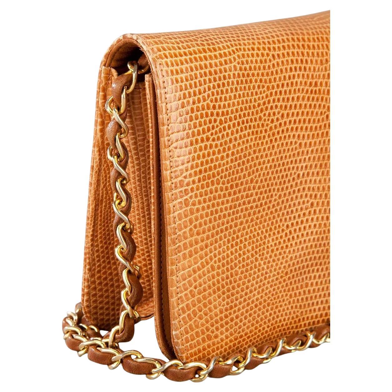 Chanel 1986 WOC Classic Flap and Clutch Camel Beige Faux Lizard Skin Bag For Sale 1