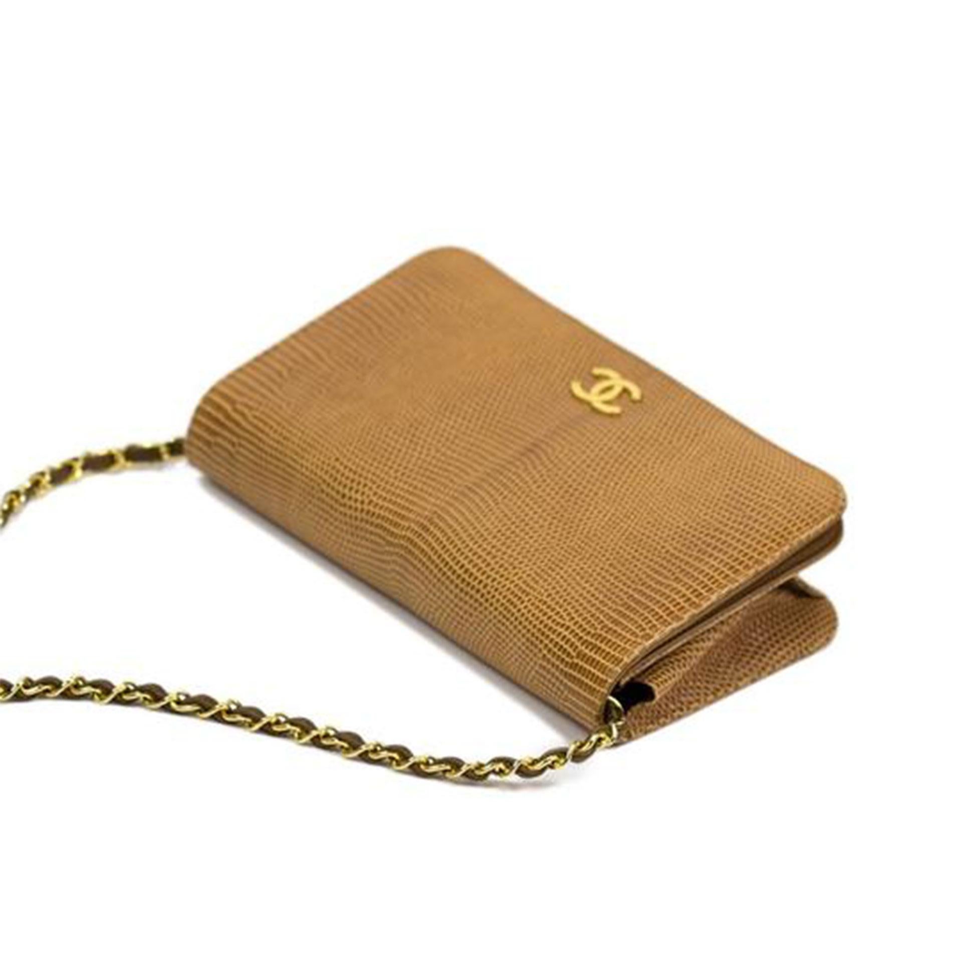 Chanel 1986 WOC Classic Flap and Clutch Camel Beige Faux Lizard Skin Bag For Sale 2