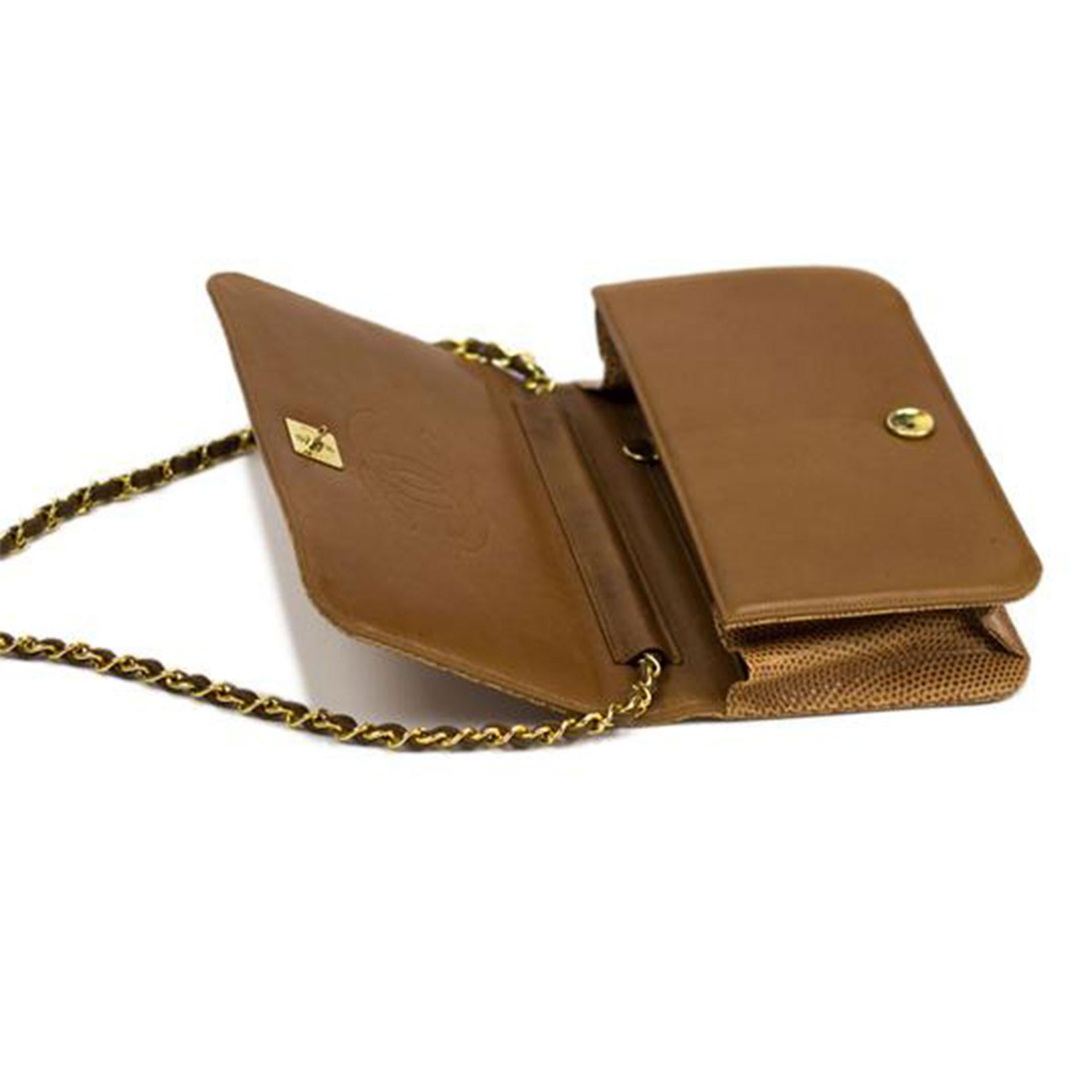 Chanel 1986 WOC Classic Flap and Clutch Camel Beige Faux Lizard Skin Bag For Sale 4
