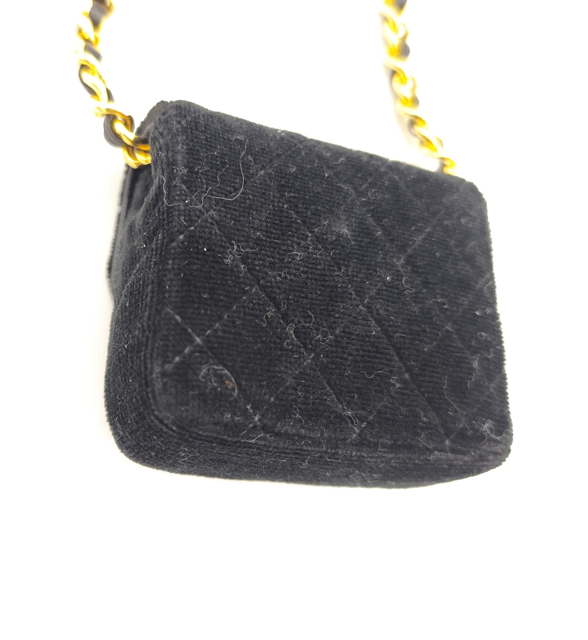 Chanel 1987 black velvet chain and leather strap micro mini bag For Sale 8