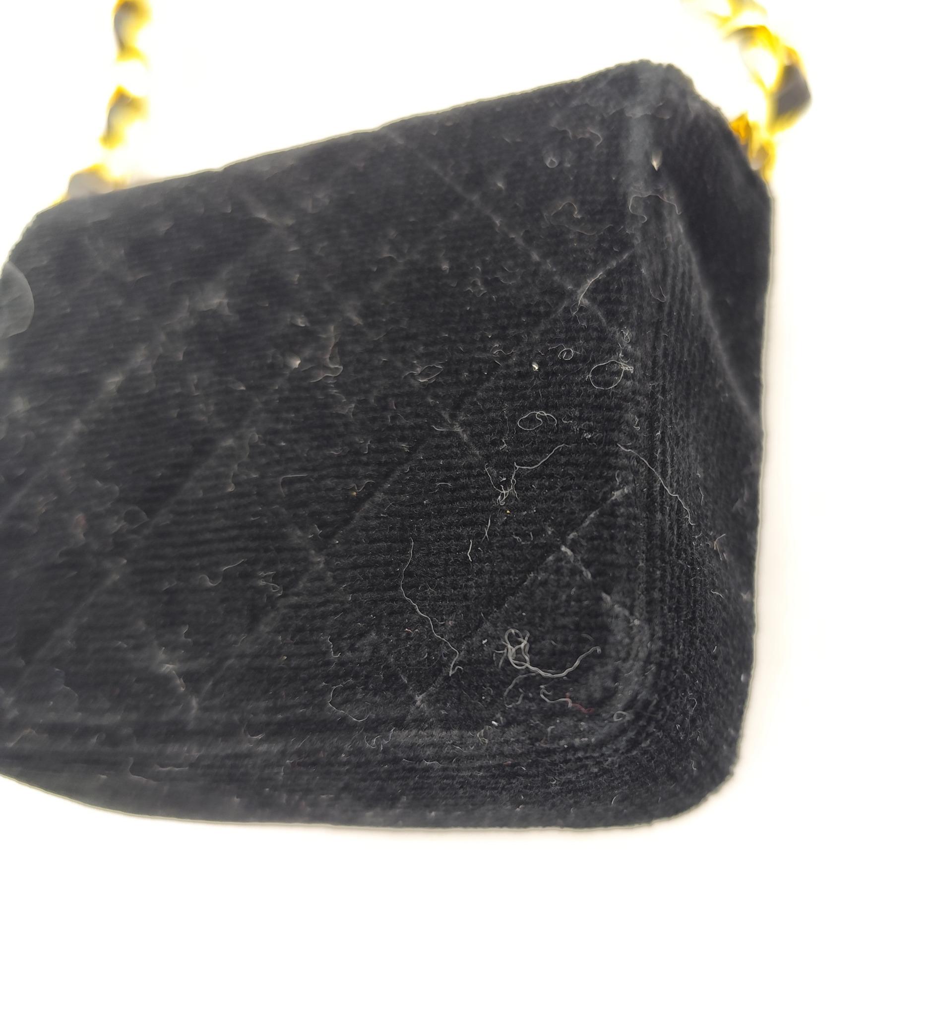 Chanel 1987 black velvet chain and leather strap micro mini bag For Sale 9