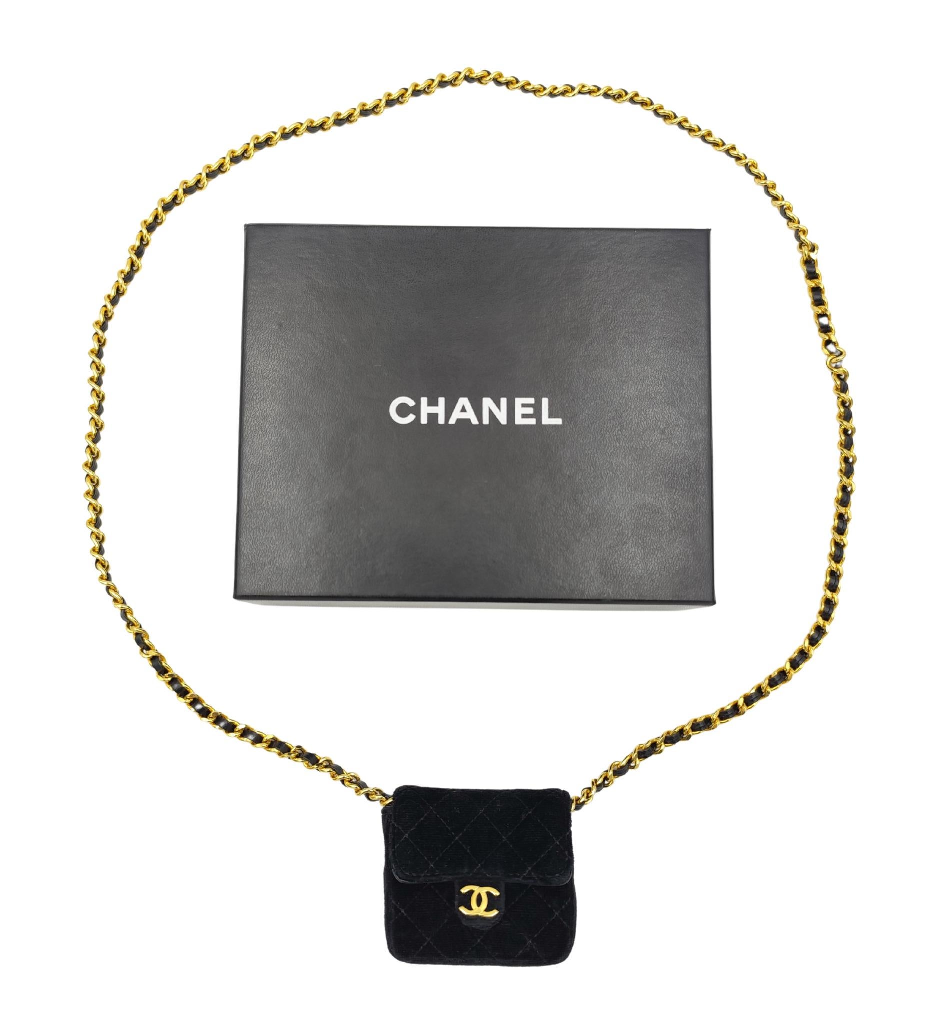 Black Chanel 1987 black velvet chain and leather strap micro mini bag For Sale