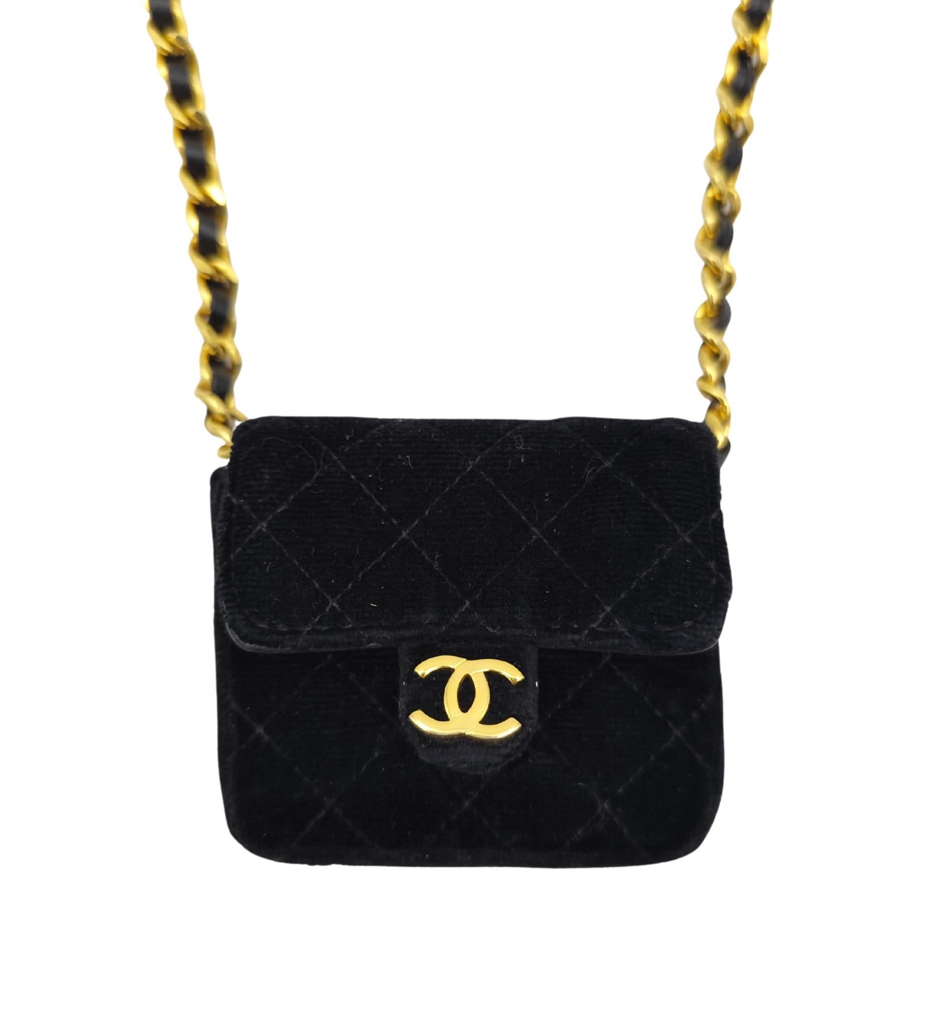 Chanel 1987 black velvet chain and leather strap micro mini bag For Sale 1