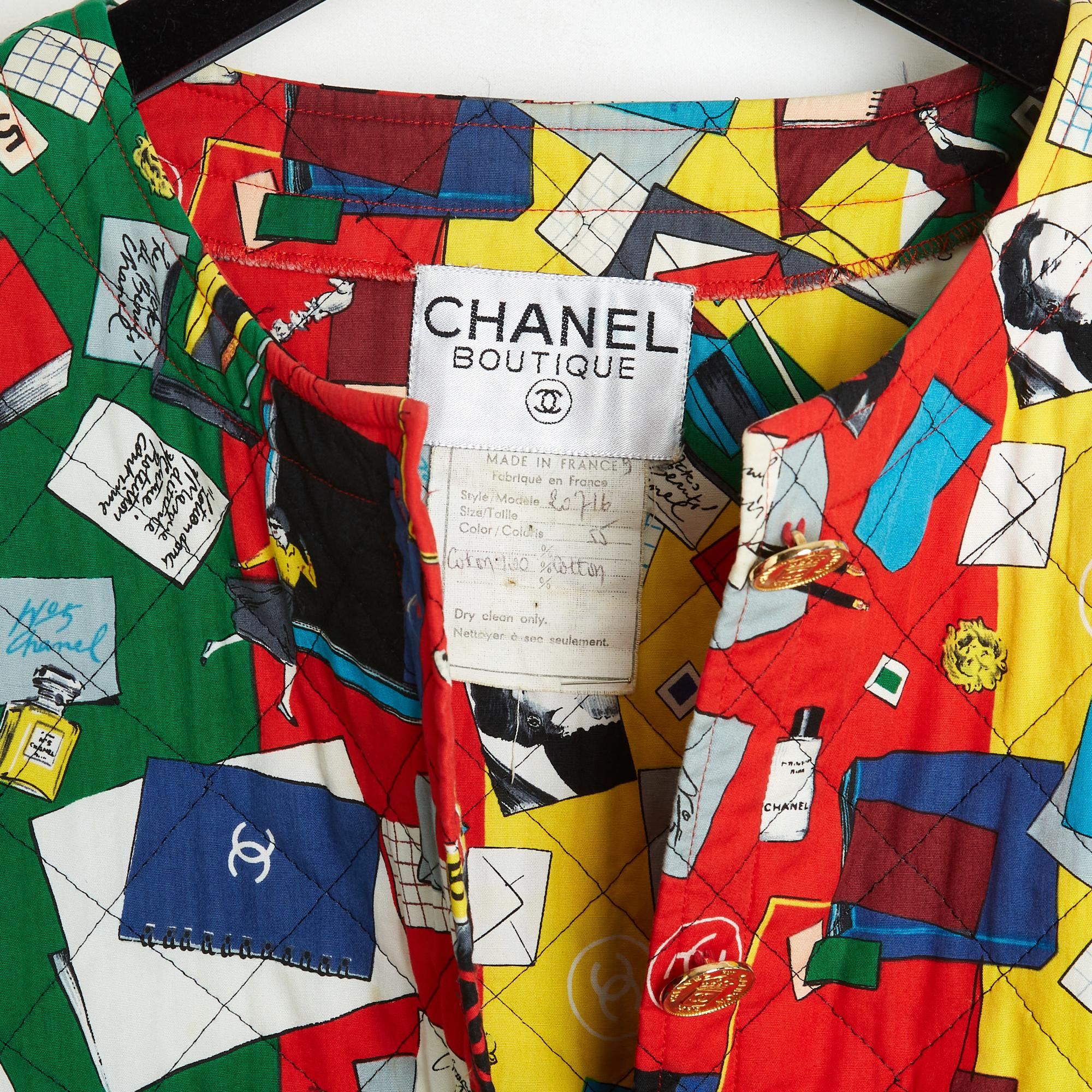 Chanel 1987 Veste Tailleur FR38 Quilted Graphic Script Ensemble Suit UK10 US6 1