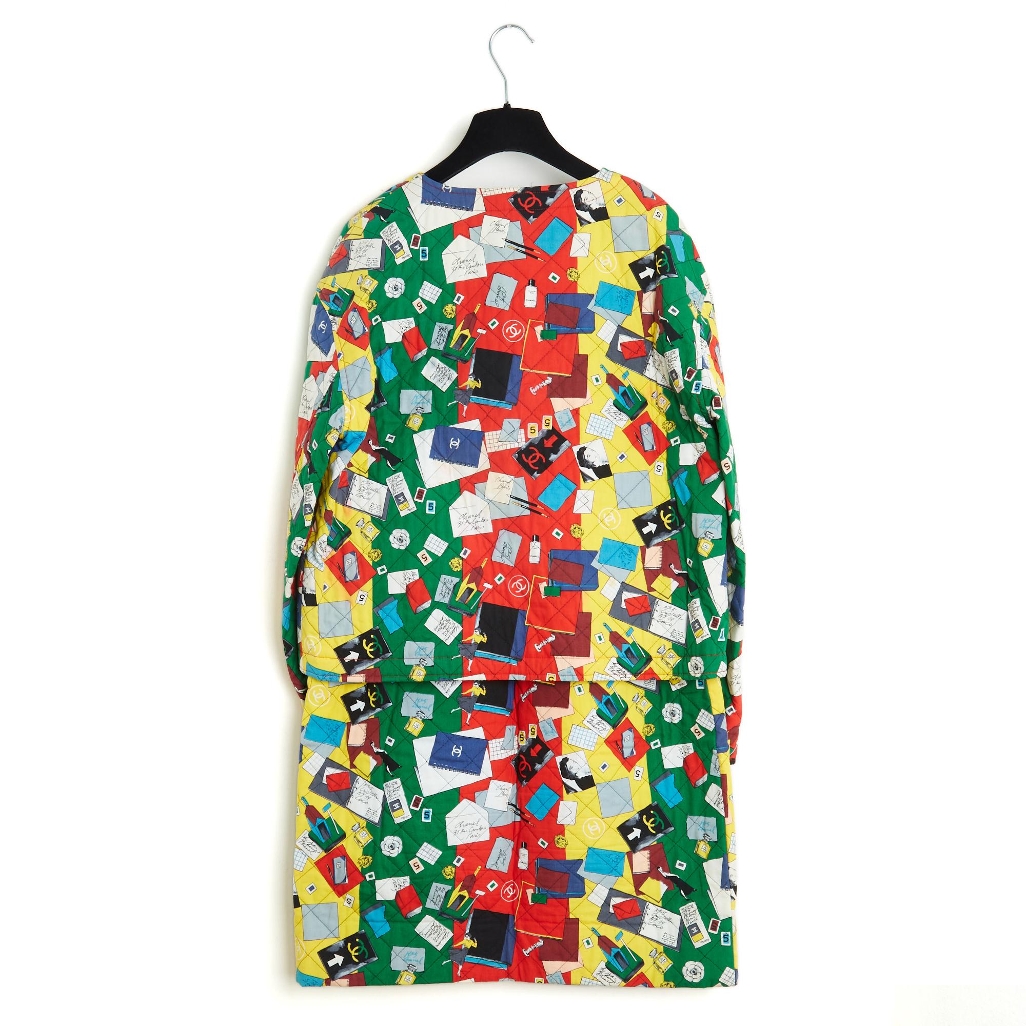 Chanel 1987 Veste Tailleur FR38 Quilted Graphic Script Ensemble Suit UK10 US6 3