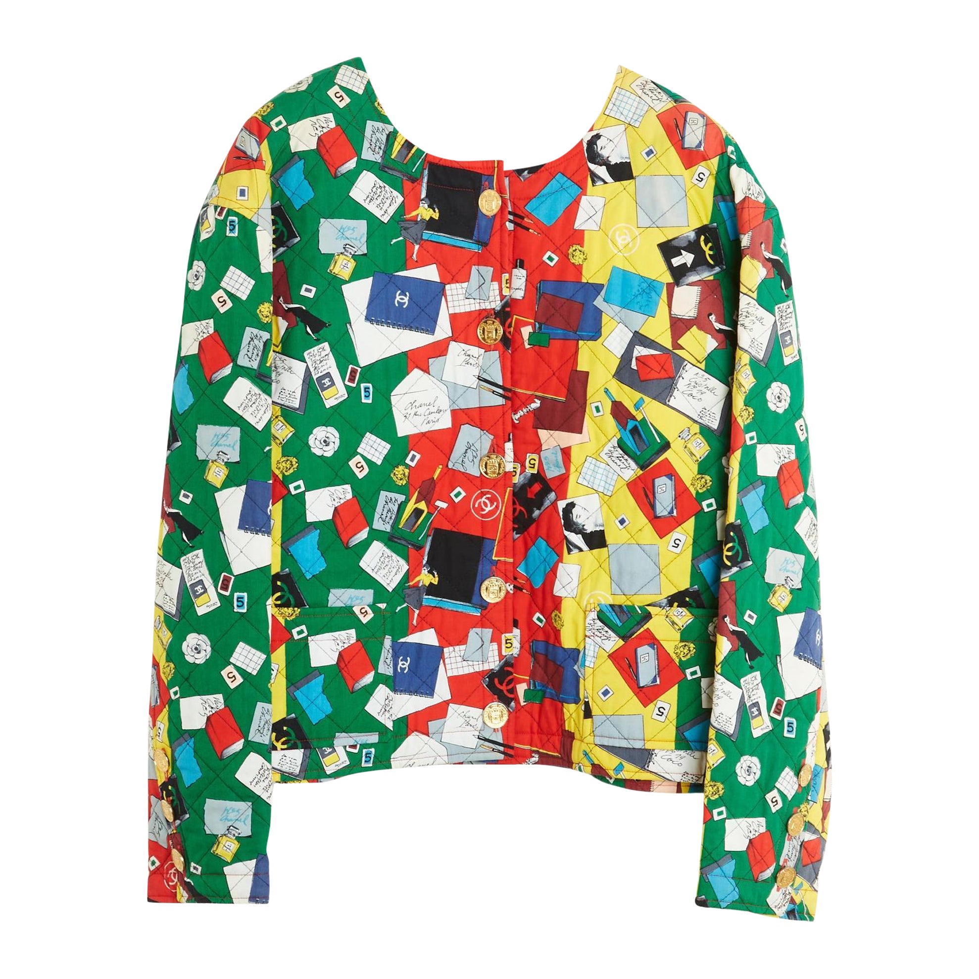 Chanel 1987 Veste Tailleur FR38 Quilted Graphic Script Ensemble Suit UK10 US6 en venta