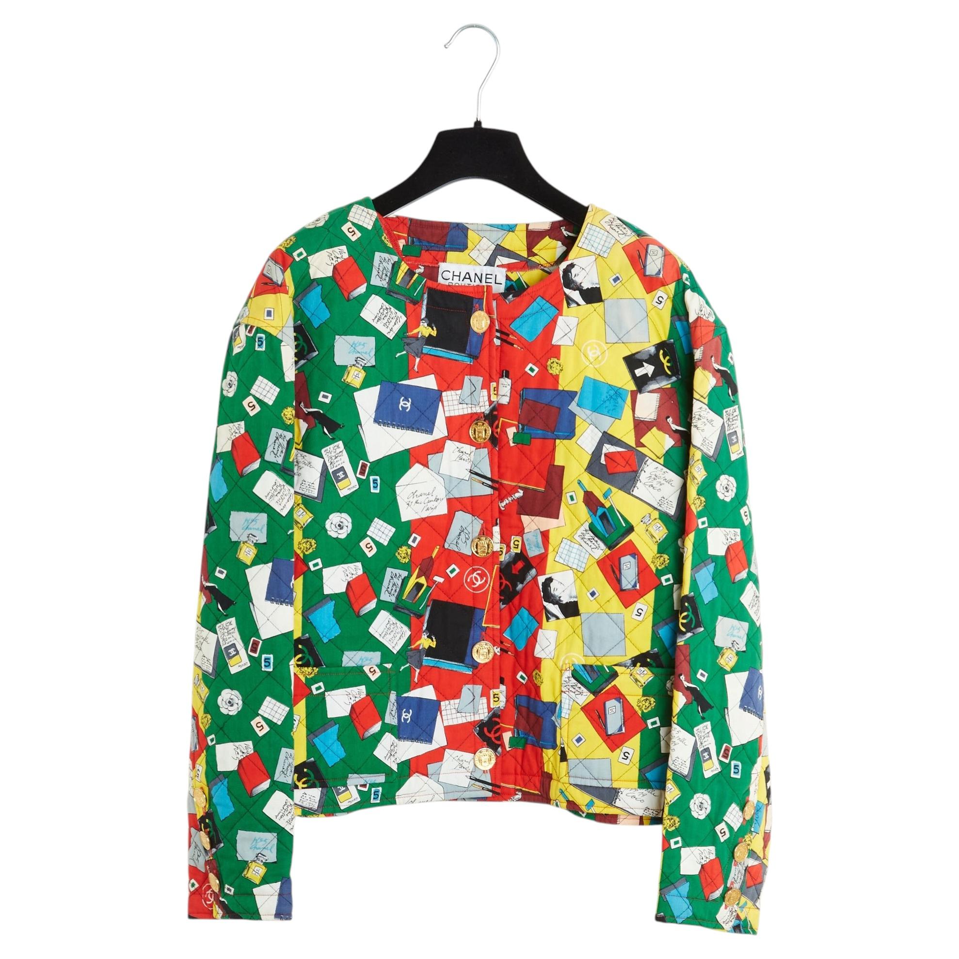 Chanel 1987 Veste Tailleur FR38 Quilted Graphic Script Ensemble Suit UK10 US6 For Sale