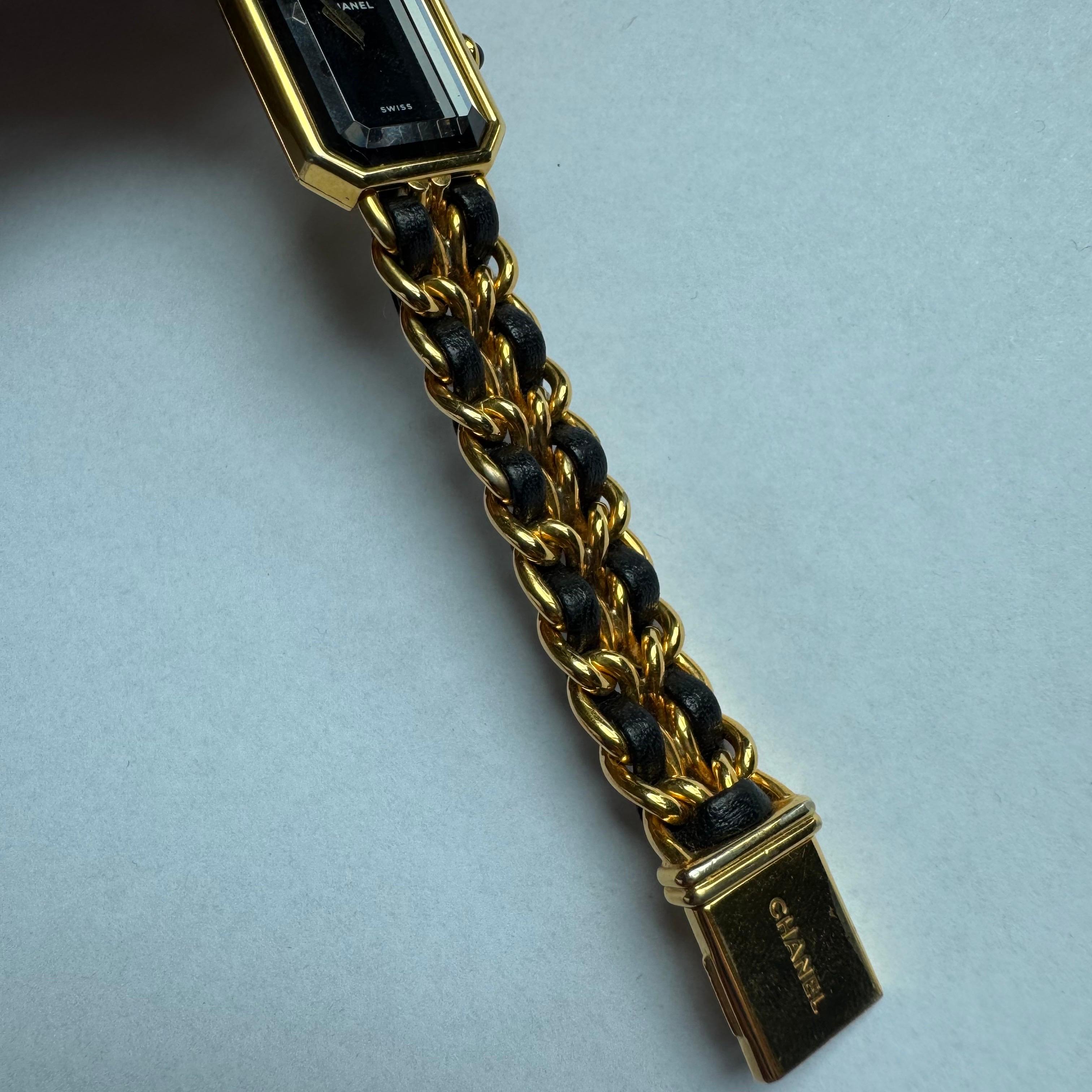 CHANEL 1987 Vintage PREMIERE Montre Cuir noir et plaqué or jaune 24KT L S 6