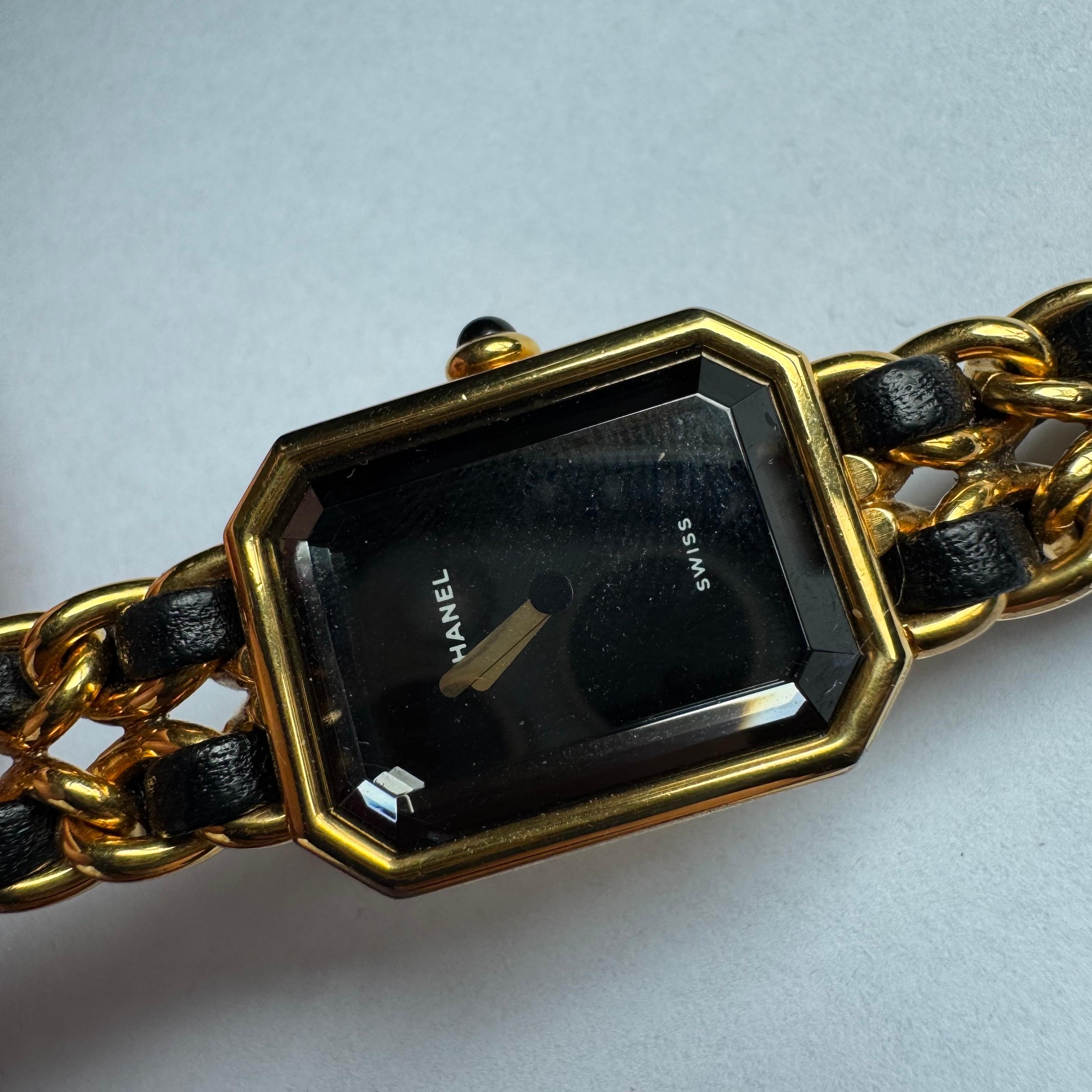  CHANEL 1987 Vintage PREMIERE Montre Cuir noir et plaqué or jaune 24KT L S Pour femmes 