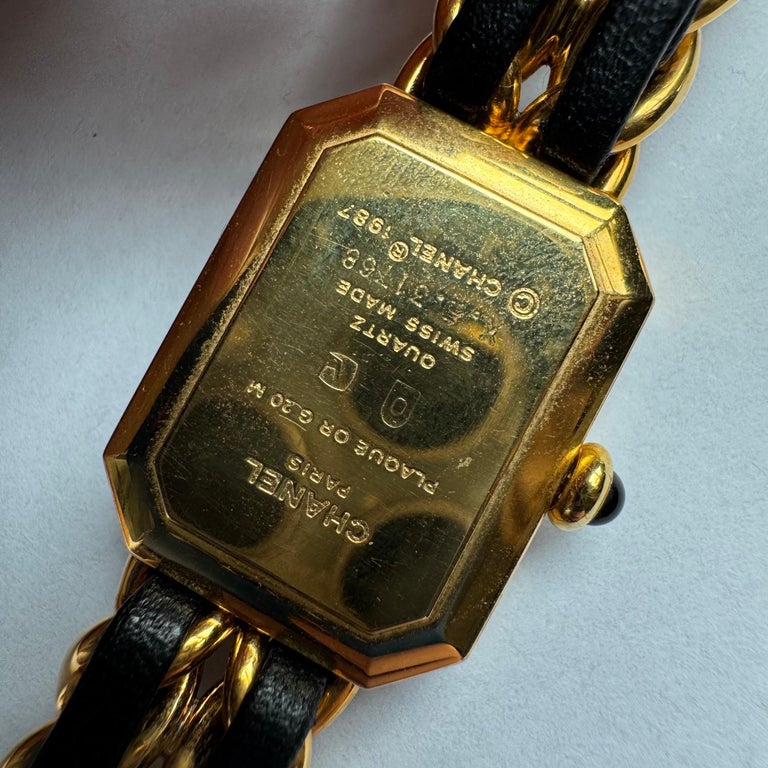 CHANEL 1987 Vintage PREMIERE Watch Black Leather and 24KT Yellow Gold  Plated L S