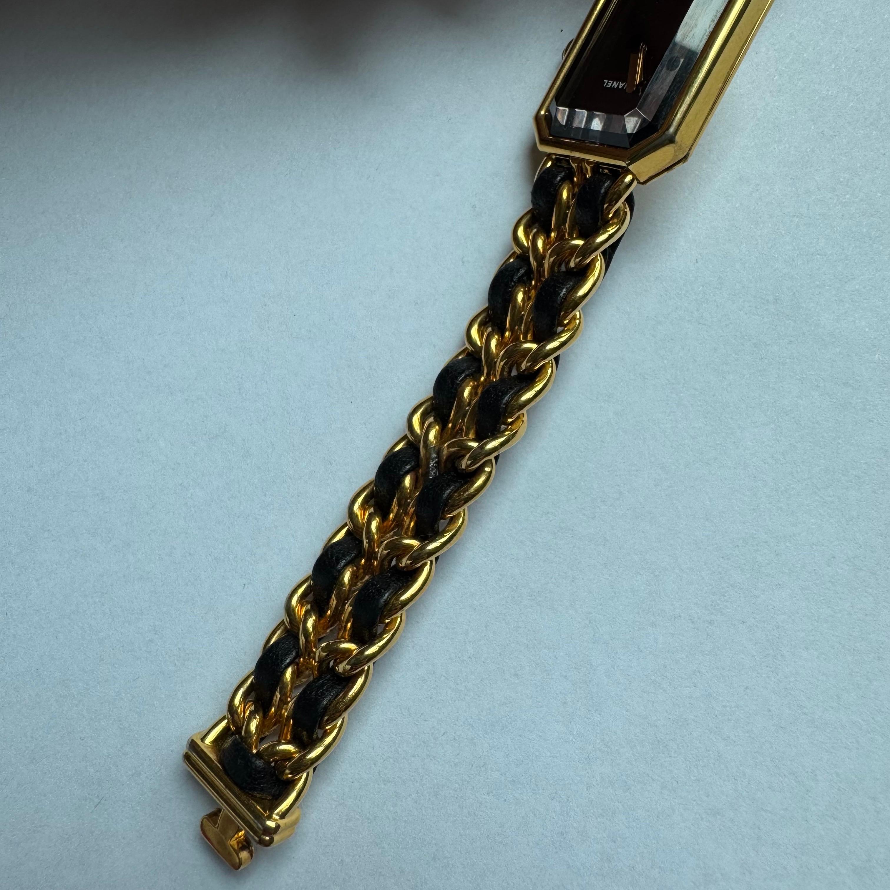 CHANEL 1987 Vintage PREMIERE Montre Cuir noir et plaqué or jaune 24KT L S 4