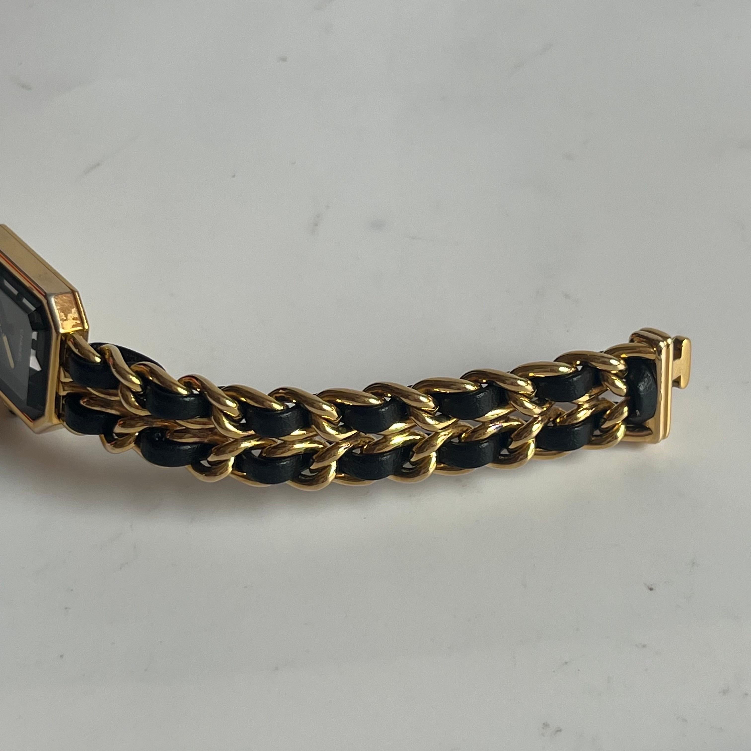 CHANEL 1987 Vintage PREMIERE Watch L Black Leather and 24KT Yellow Gold Plated For Sale 7