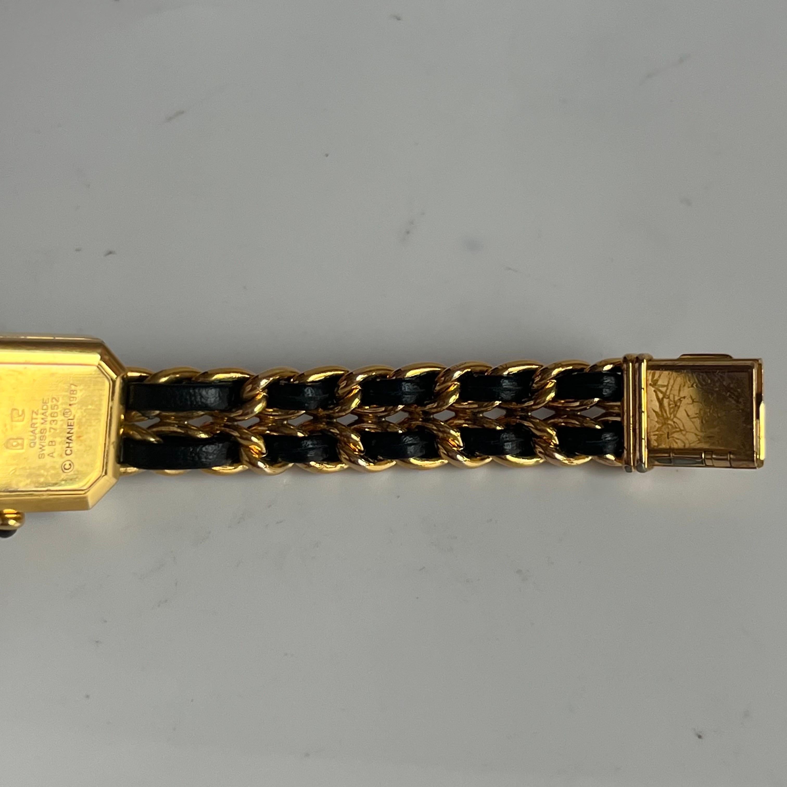 Women's CHANEL 1987 Vintage PREMIERE Watch L Black Leather and 24KT Yellow Gold Plated For Sale