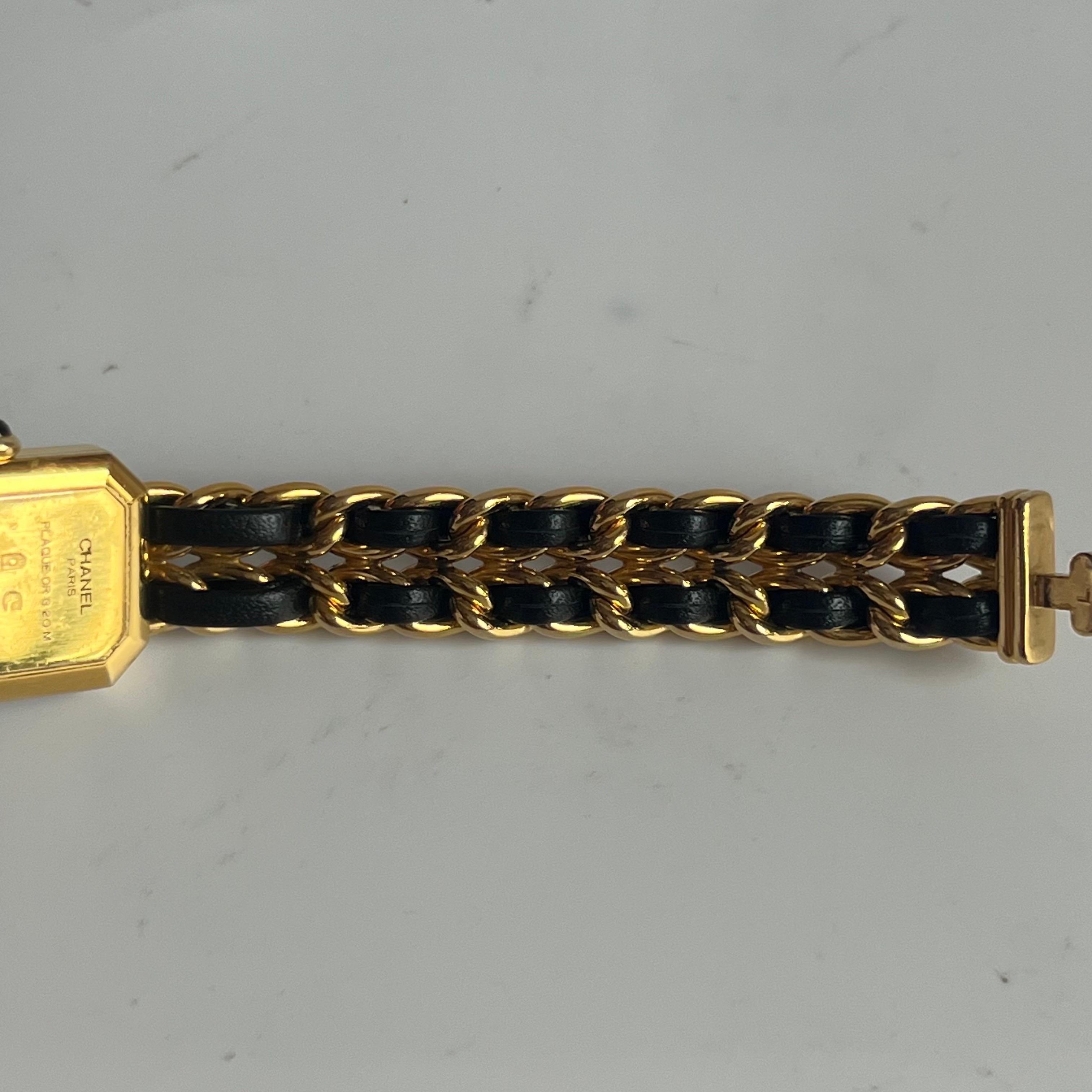 CHANEL 1987 Vintage PREMIERE Watch L Black Leather and 24KT Yellow Gold Plated For Sale 1