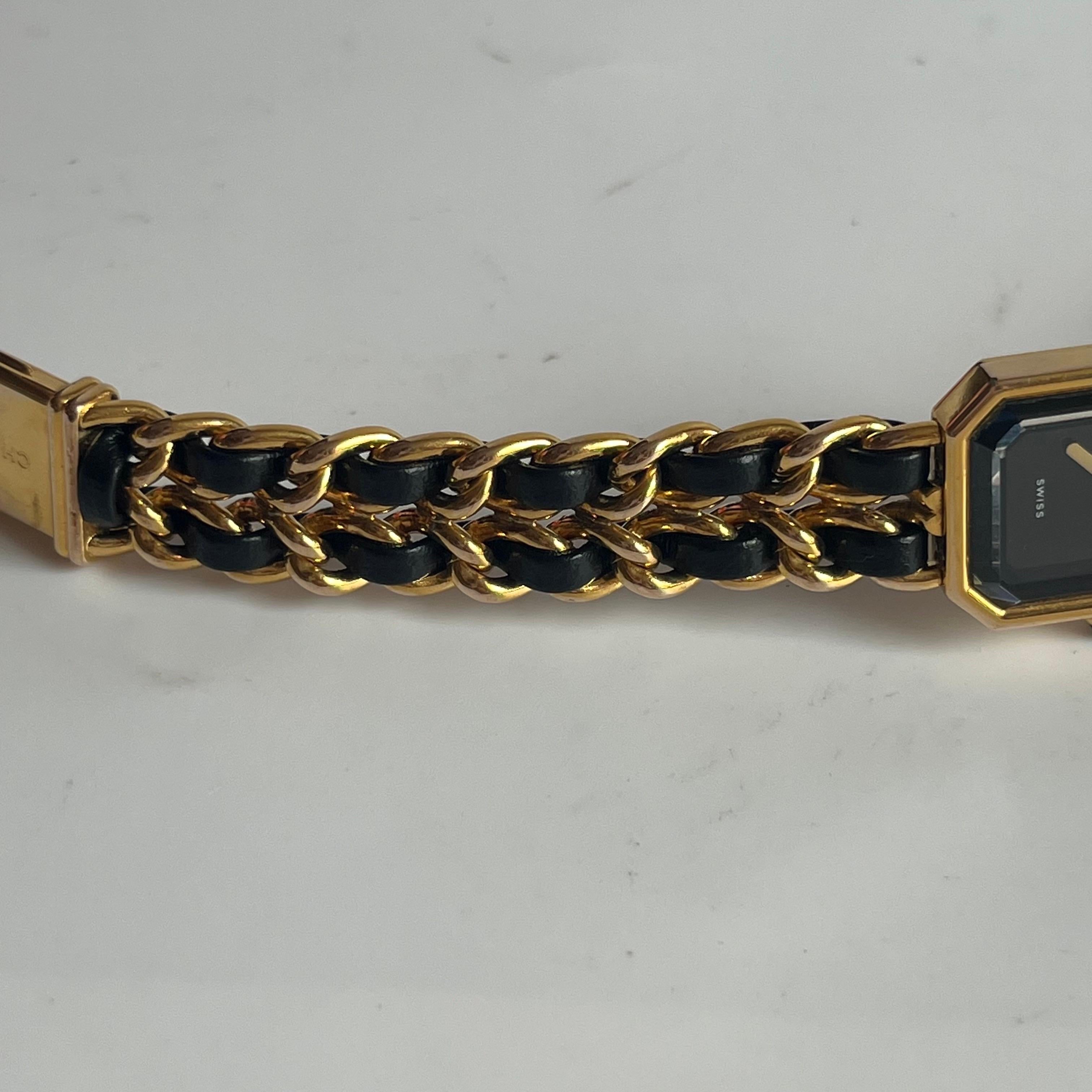CHANEL 1987 Vintage PREMIERE Watch L Black Leather and 24KT Yellow Gold Plated For Sale 4