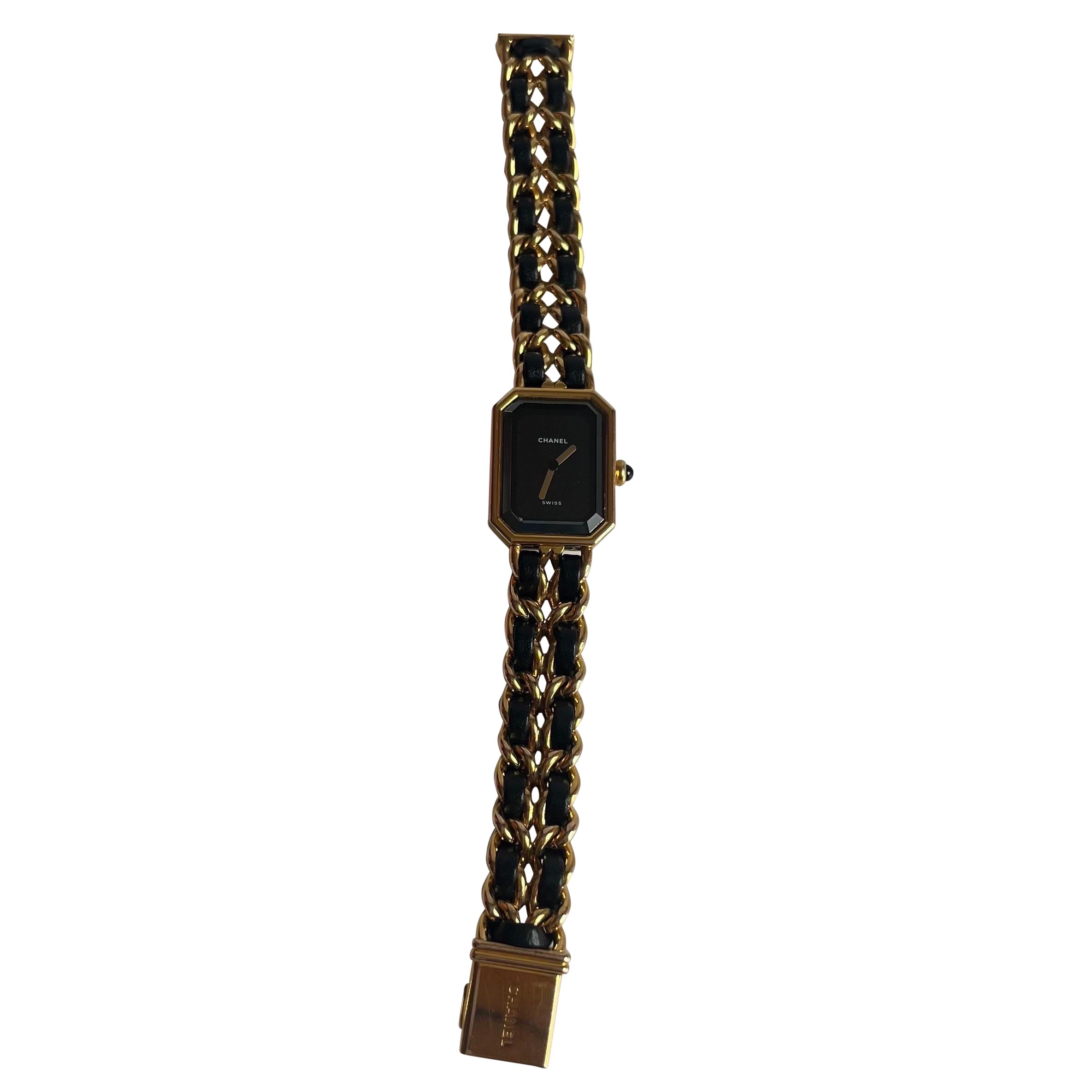 CHANEL 1987 Vintage PREMIERE Watch L Black Leather and 24KT Yellow Gold Plated For Sale