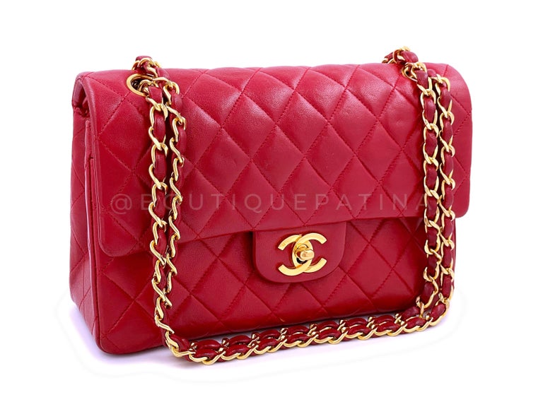Chanel 1987 Vintage Red Small Classic Double Flap Bag 24k GHW Lambskin 64794