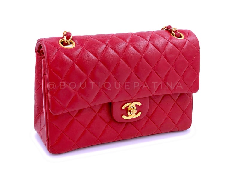 Chanel 1987 Vintage Red Small Classic Double Flap Bag 24k GHW Lambskin  64794 at 1stDibs