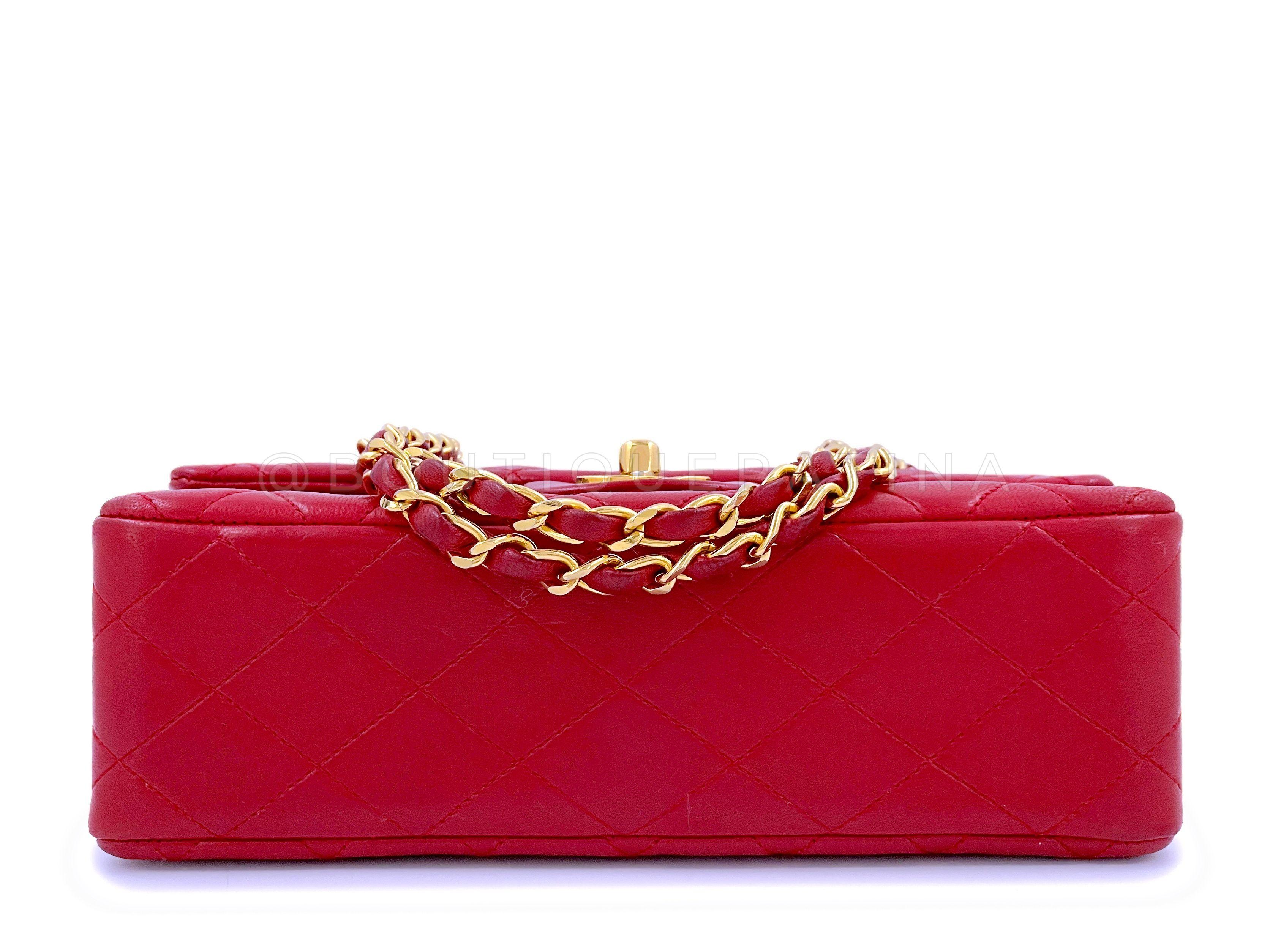 Chanel 1987 Vintage Red Small Classic Double Flap Bag 24k GHW Lambskin 64794 In Excellent Condition In Costa Mesa, CA