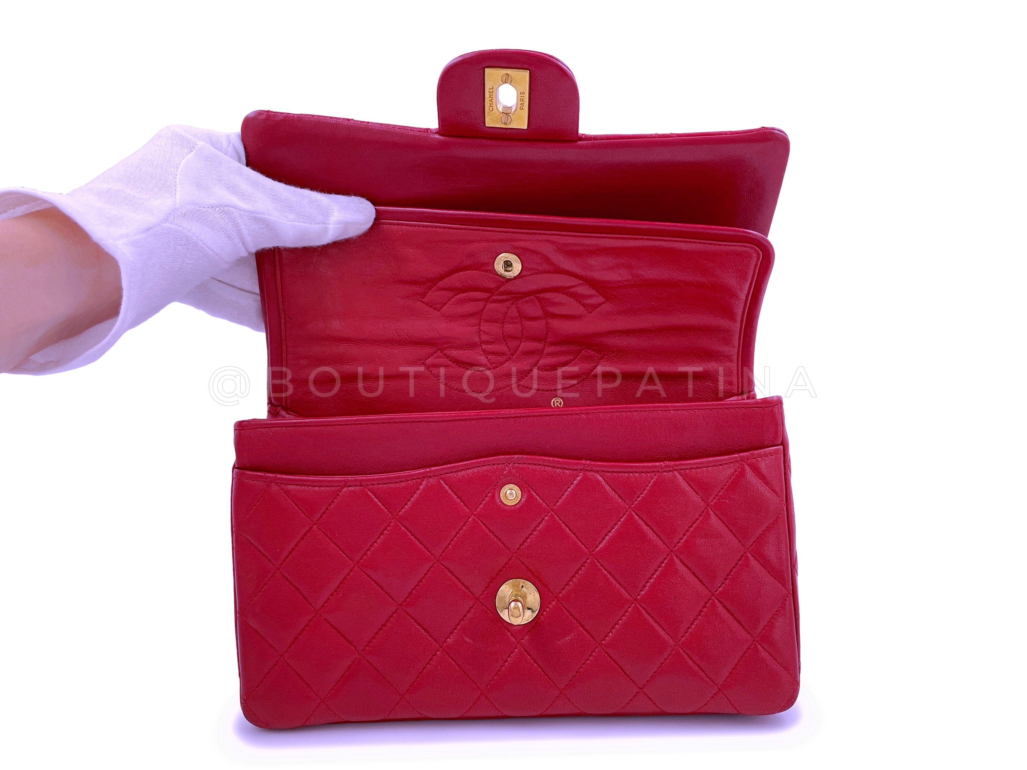 Chanel 1987 Vintage Red Small Classic Double Flap Bag 24k GHW Lambskin 64794 2