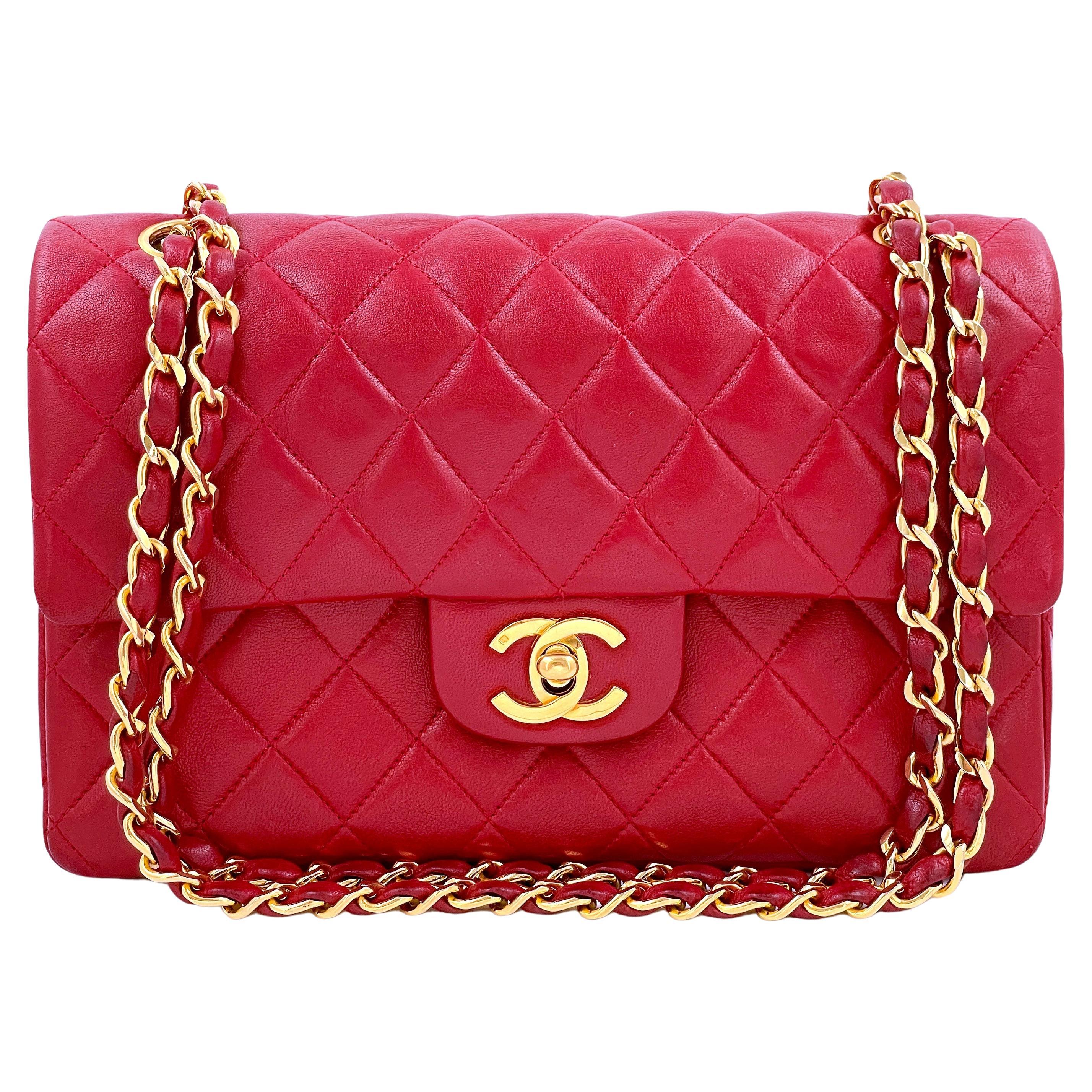 Chanel 1987 Vintage Red Small Classic Double Flap Bag 24k GHW Lambskin 64794