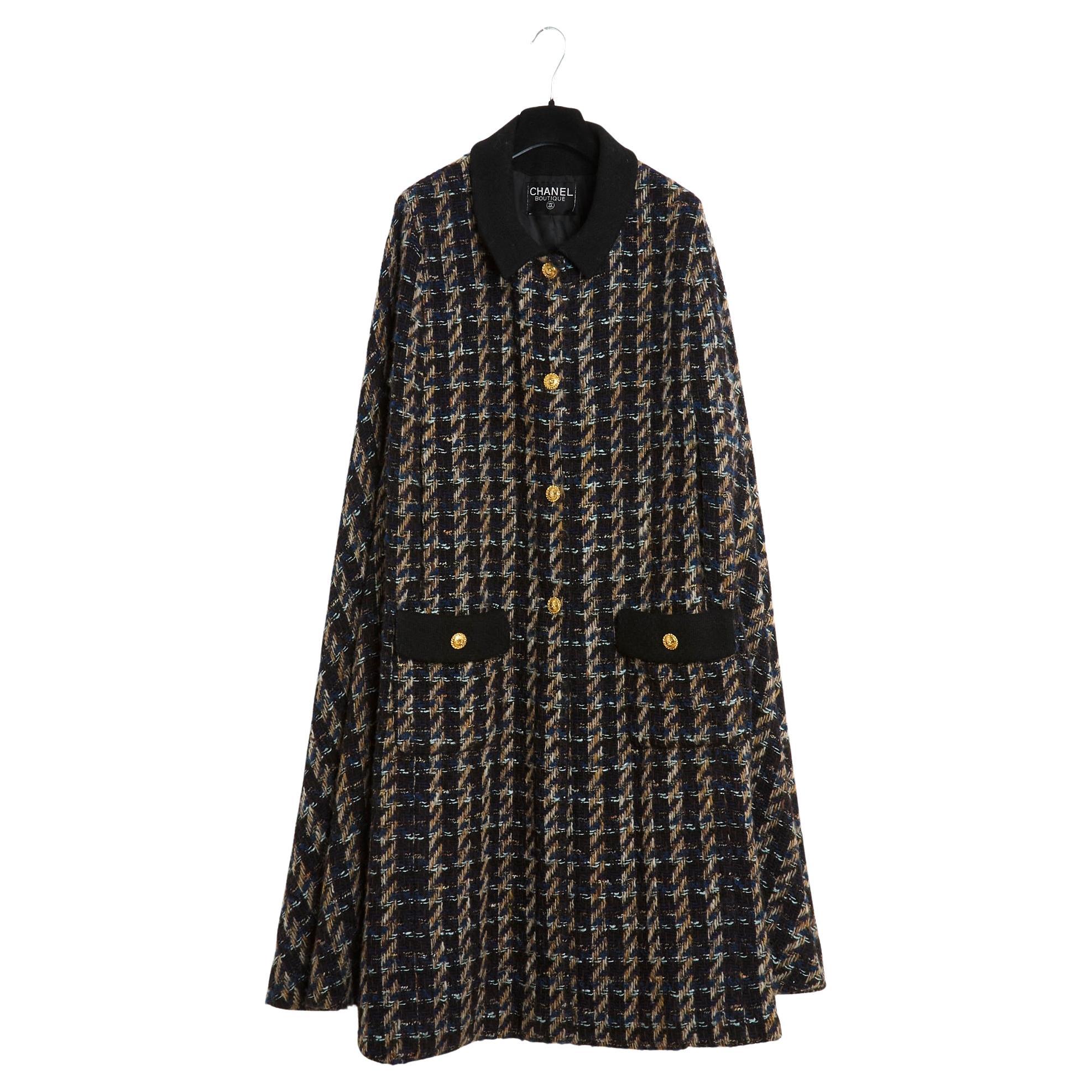 Chanel 1988 Manteau Cape FR40 Black Wool Tweed Coat Cape US10