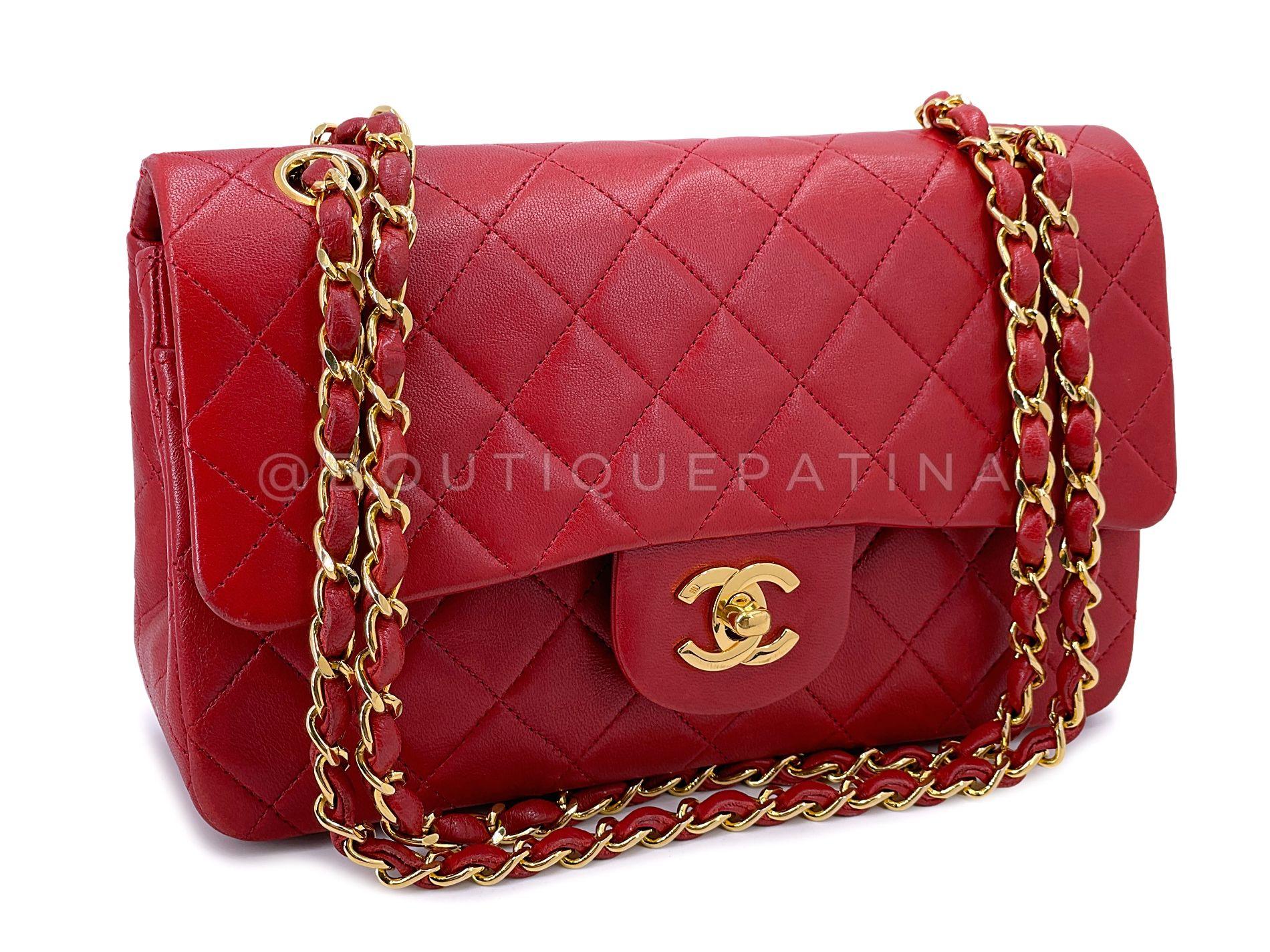 Store item: 68032
This Chanel 1988 Vintage Red Small Classic Double Flap Bag 24k GHW Lambskin is a very rare find as it's nearly impossible to find untouched red lambskin that's never been refurbished or redyed, and still in excellent condition.