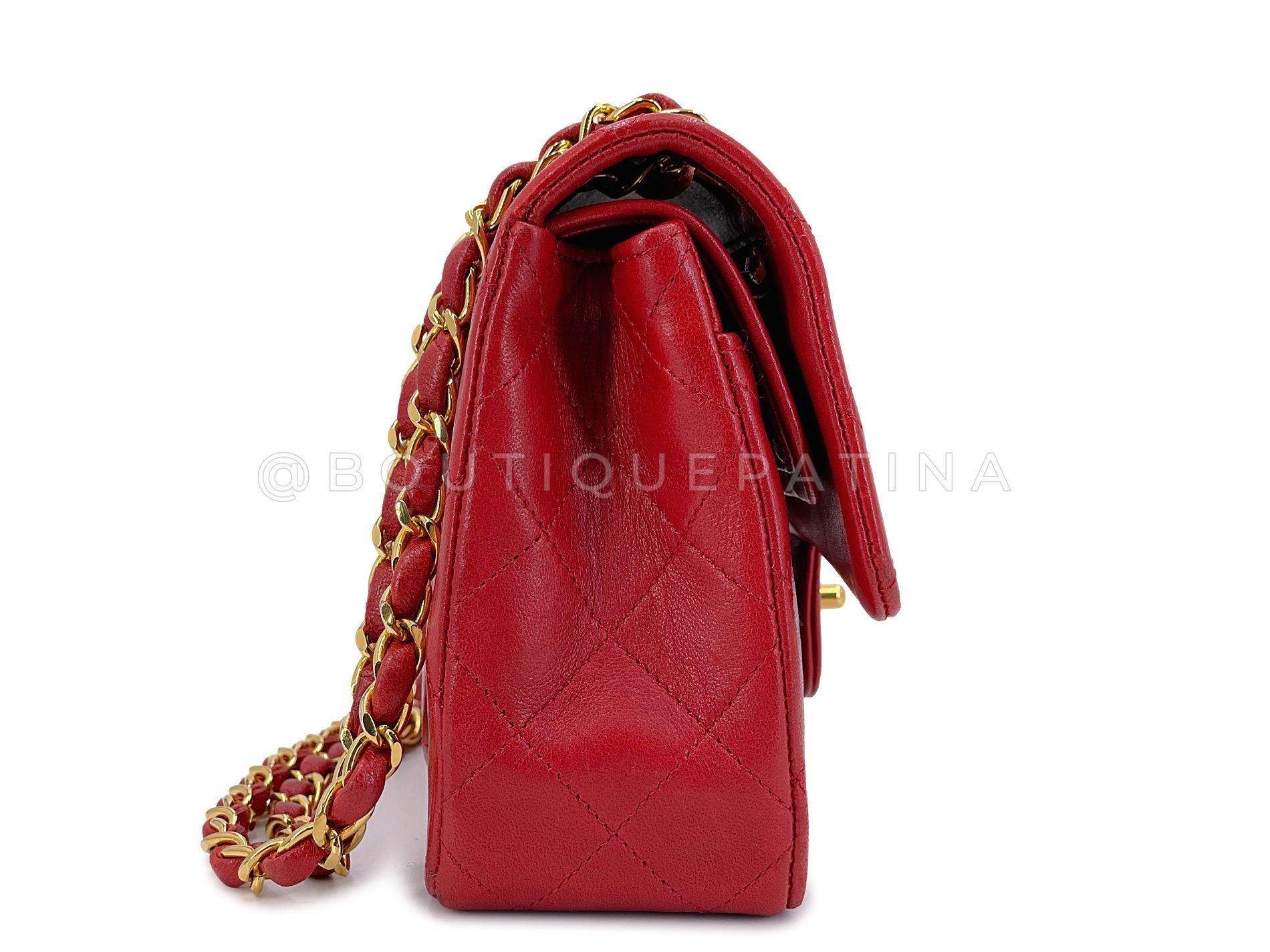 Chanel 1988 Vintage Red Small Classic Double Flap Bag 24k GHW Lambskin 68032 In Excellent Condition In Costa Mesa, CA